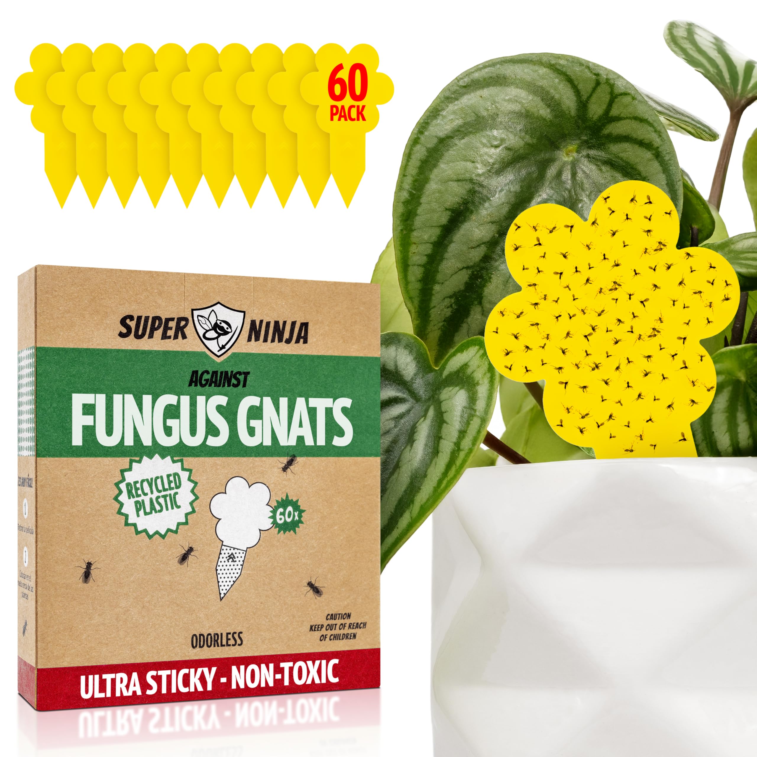 Super Ninja Anti Gnats, Indoor Plants, 60 Non-Toxic Yellow Sticky Traps, Anti Midge and Potting Soil Fly, Ultra Effective Gnat Traps for up to 3 Months-image-29