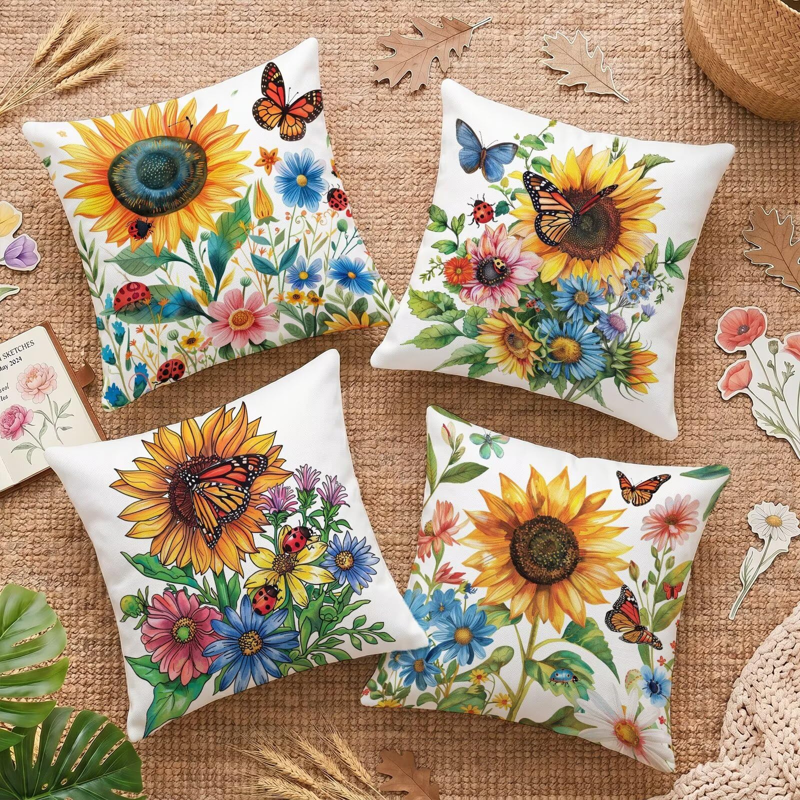 Housses de coussin 65x65 cm papillon tournesol en velours imperméable pour canapé