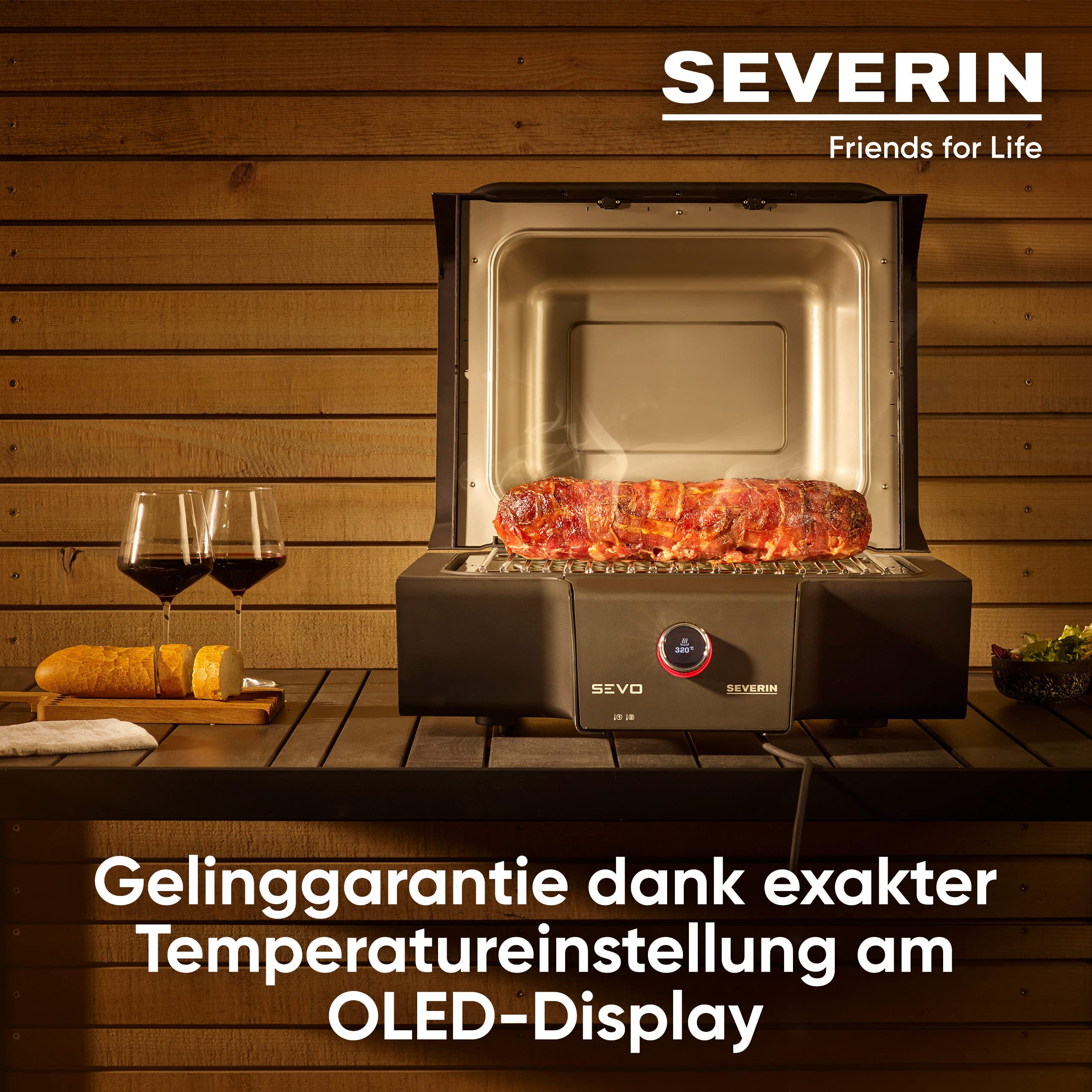 SEVERIN SEVO GT Elektrogrill mit Deckel, elektrischer Tischgrill mit schnellem Grillstart in 10 min bis 500 °C, Balkon Grill mit OLED-Display, für innen und außen, 3.000 W, Edelstahl/Schwarz, PG 8106