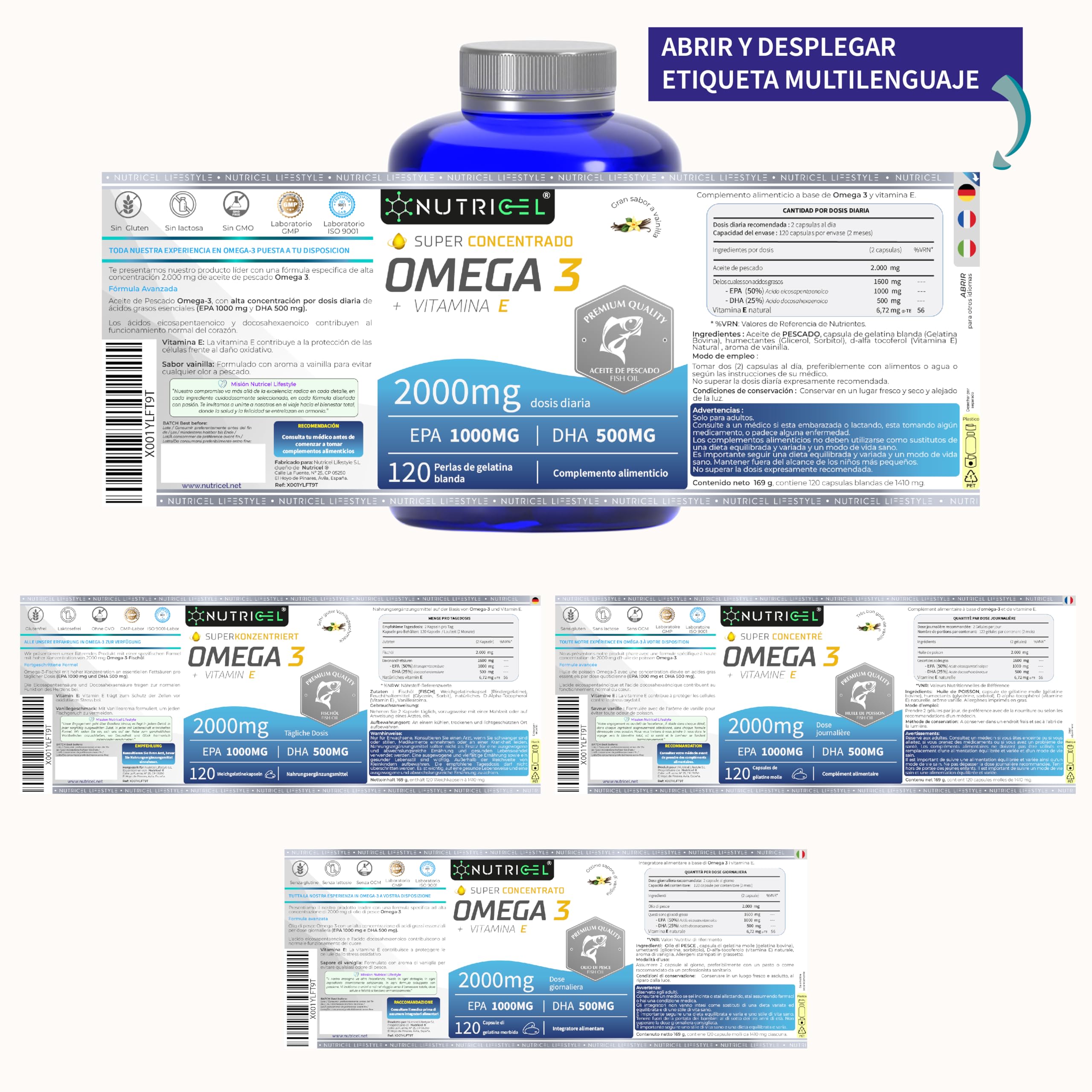 Omega 3 capsulas 2000mg por dosis diaria (2 cápsulas) EPA 1000mg + 500mg DHA - Sabor Vainilla - omega 3 epa y dha - Superconcentrado - Destilado Molecularmente - 120 cápsulas - Hasta 4 meses