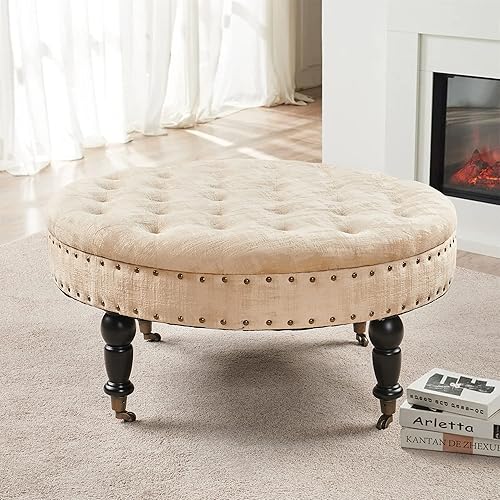 Warmaxx Mesa de centro otomana redonda copetuda beige de 34 x 34 x 17 pulgadas de alto, otomana grande y resistente de terciopelo texturizado para