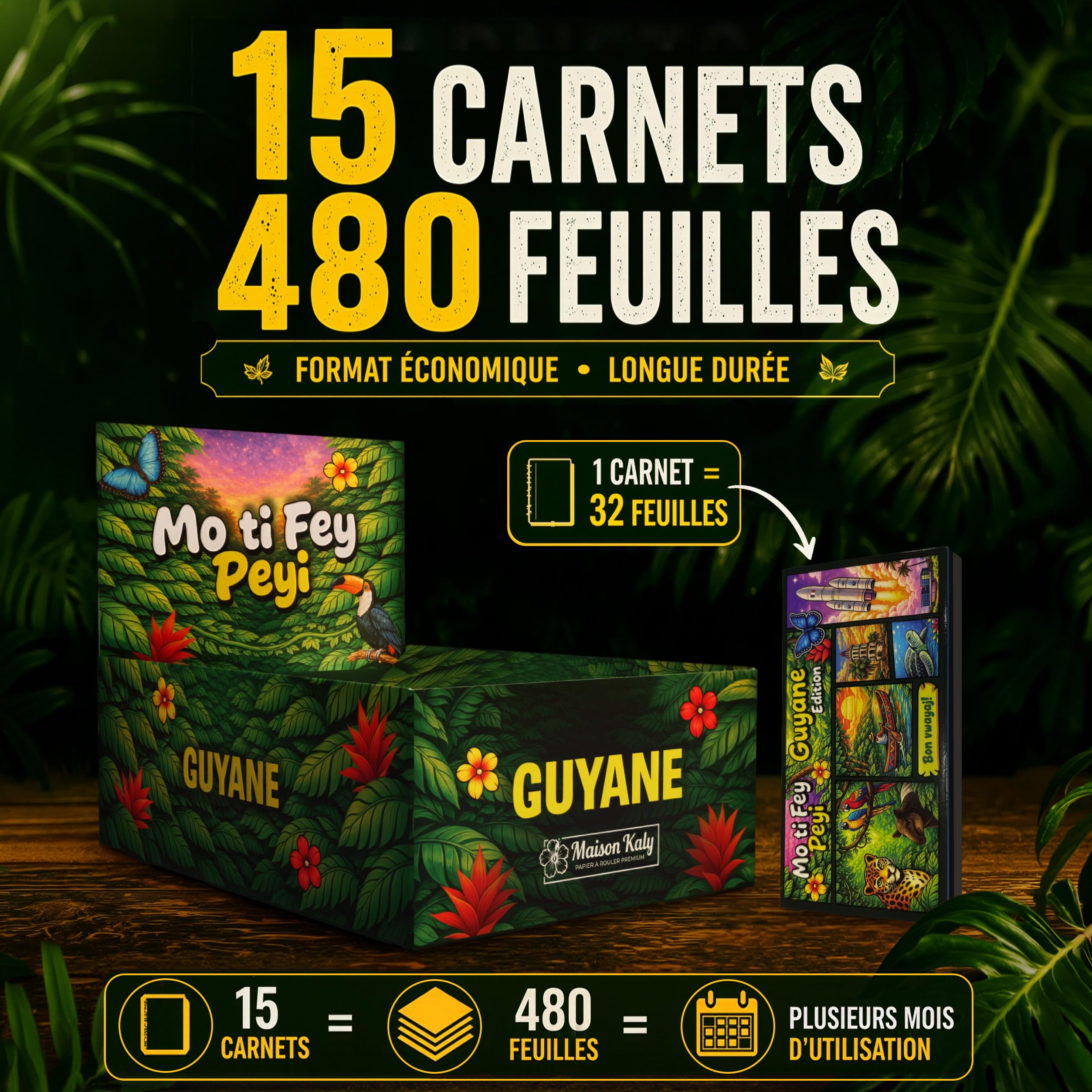 Feuilles à Rouler Slim en Chanvre Naturel – Boite de 15Carnets x 32Feuilles + Tips + Grinder + Plateau – Pack Complet 4-en-1 Premium – Édition Guyane Amazonie - Mo Ti Fey Péyi