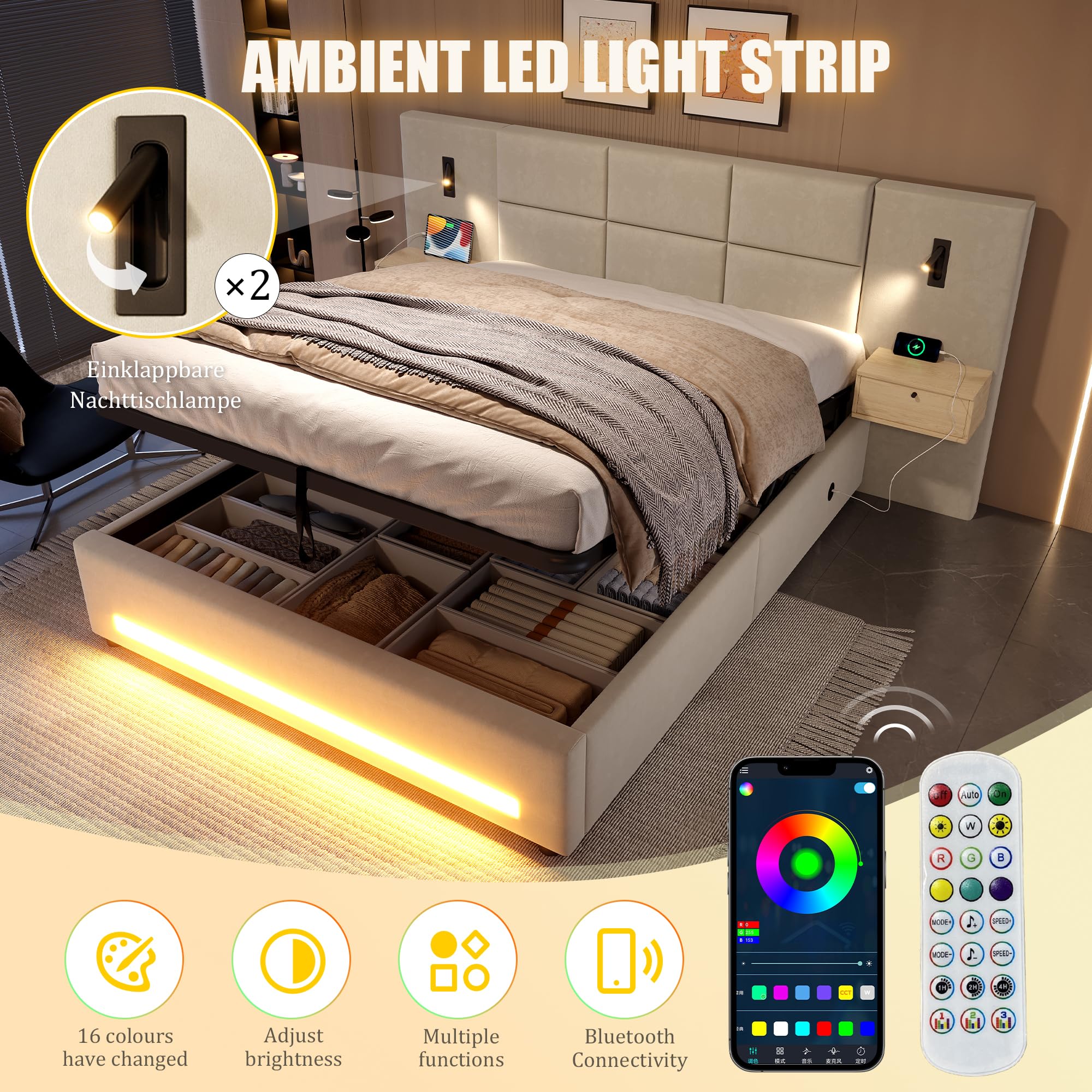Łóżko tapicerowane 180 x 200 cm, hydrauliczne łóżko do przechowywania z lampką nocną LED, łóżko młodzieżowe ze złączami USB-C, podwójne łóżko z metalową ramą, łóżko do sypialni (bez materaca