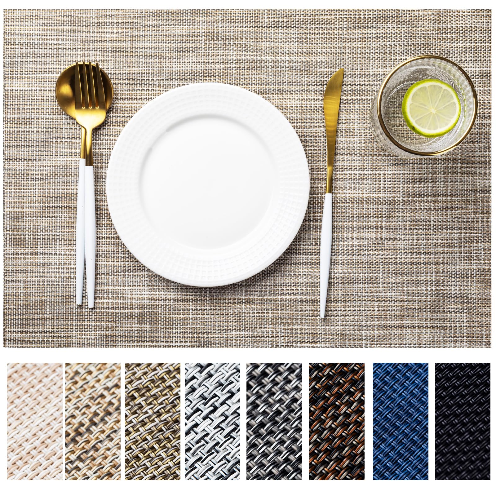 LEXMORE Placemats Set of 6 Vinyl/Plastic Woven Place Mats for Kitchen Table Indoor/Outdoor Washable Placemat Wipeable Dining Table Mats(Caramel)