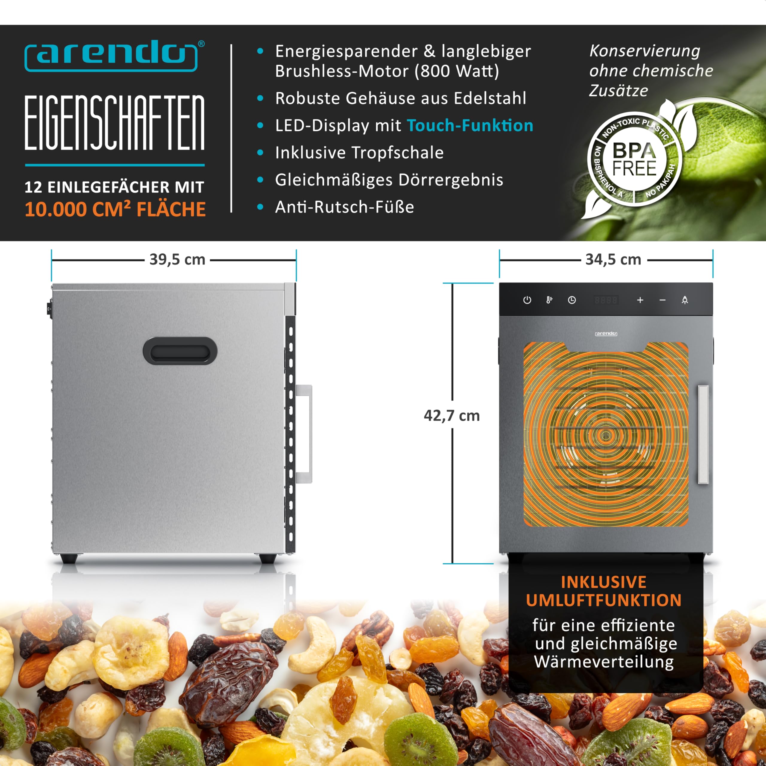 Arendo - Dörrautomat Edelstahl mit 12 Edelstahlgitter - 800 W - 30°- 90°C - 12 Edelstahl Einlegetabletts mit insgesamt 10.000 cm² - Dörrgerät Dehydrator Obsttrockner Dörrapparat - Obst Fleisch Pilze