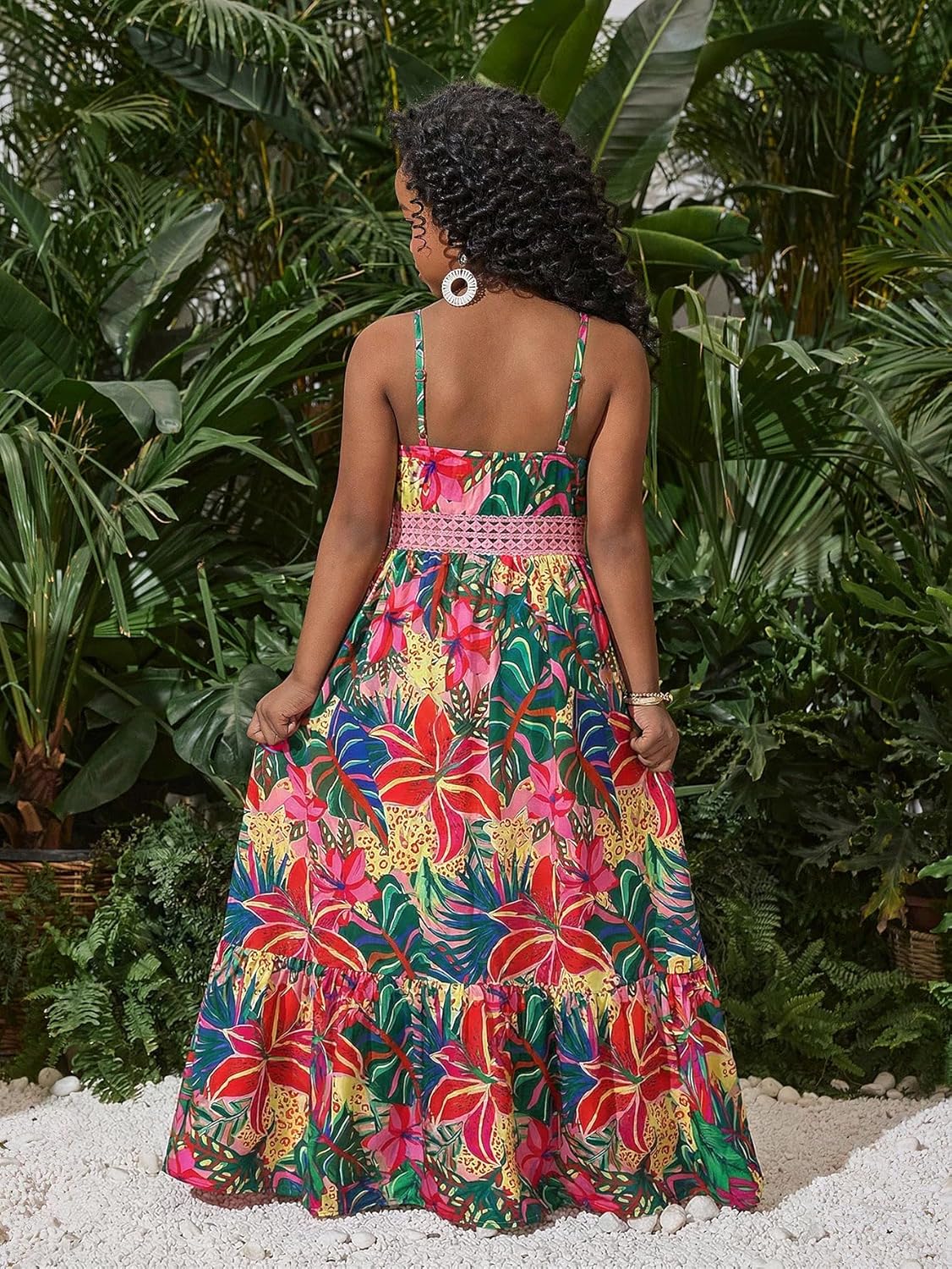 Girl's Tropical Print Cami Dress Boho Tiered Spaghetti Strap Split Thigh Vacation Flowy Long Dresses - Image 2