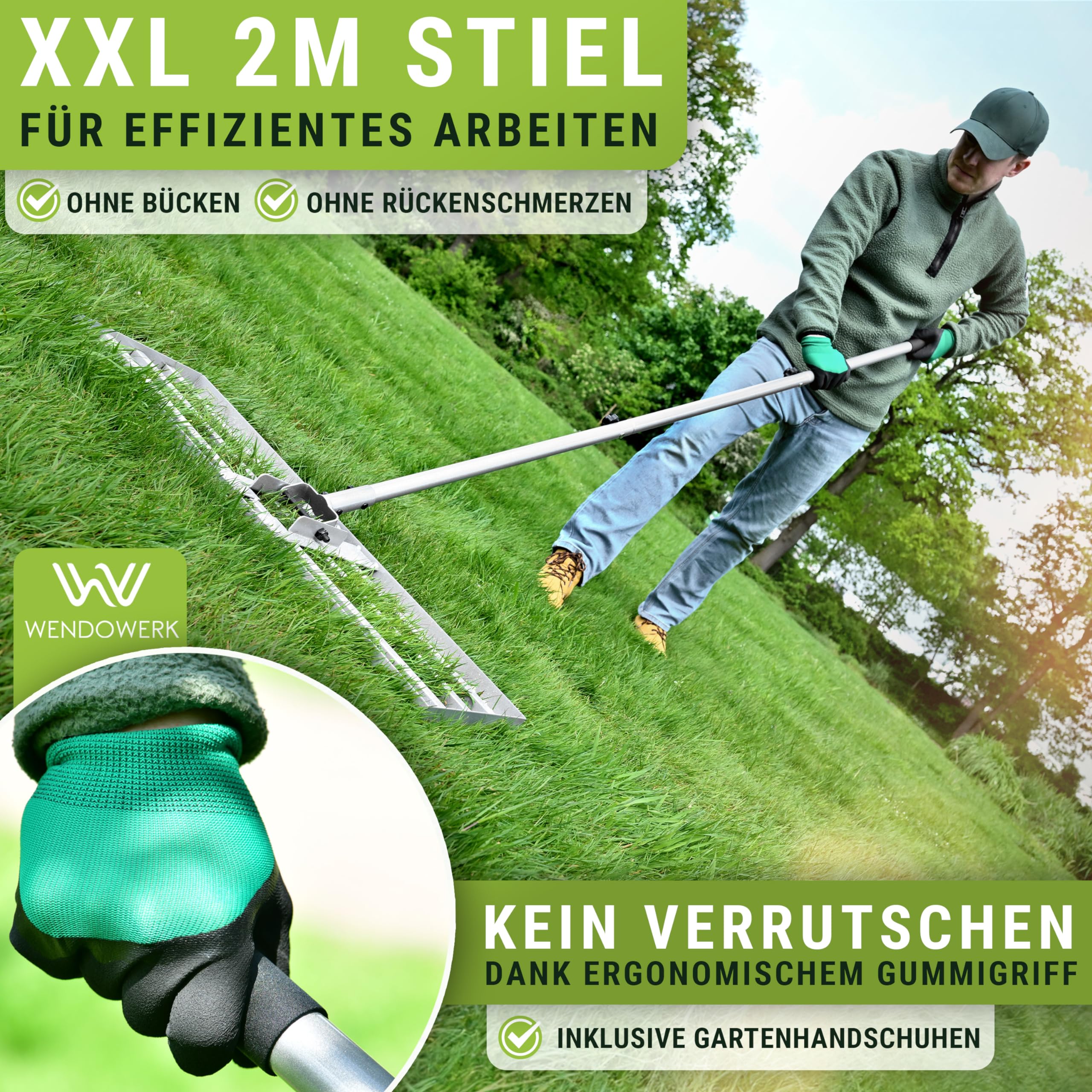 WENDOWERK® Rasen Rakel 80x30cm 2 Meter Stiel mit Gartenhandschuhe