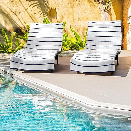 Miniatura 9 de Arkwright Las Rayas - Funda para tumbona, paquete de 2, toalla de rizo 100% algodón suave a rayas con soporte de bolsillo para playa, piscina, silla