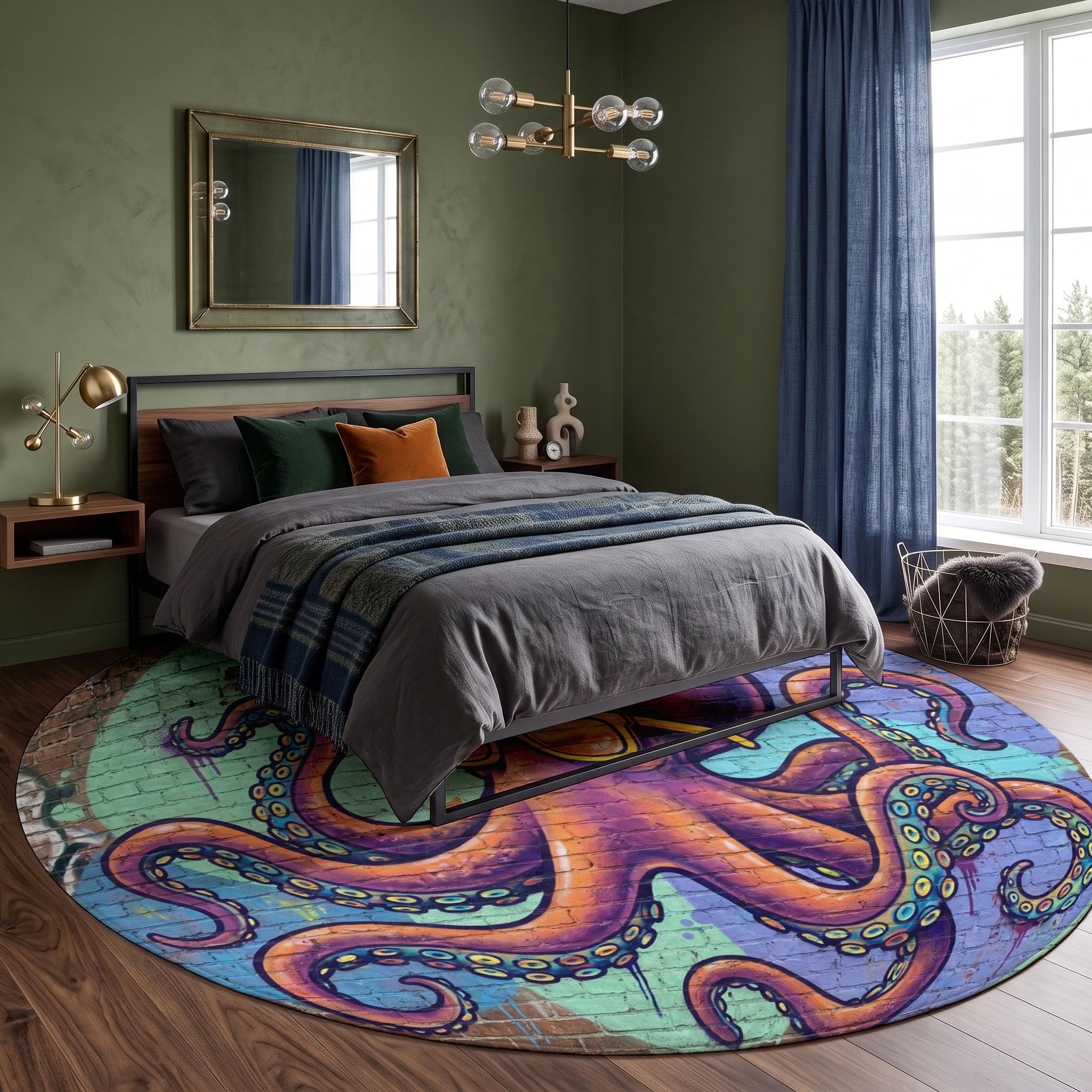 Tapis Rond Mur De Briques Pieuvre 120cm | Art De Graffiti sur Mur De Briques Rond Tapis Doux Résistant, Lavable Antidérapant pour Chambre à Coucher Salle à Manger