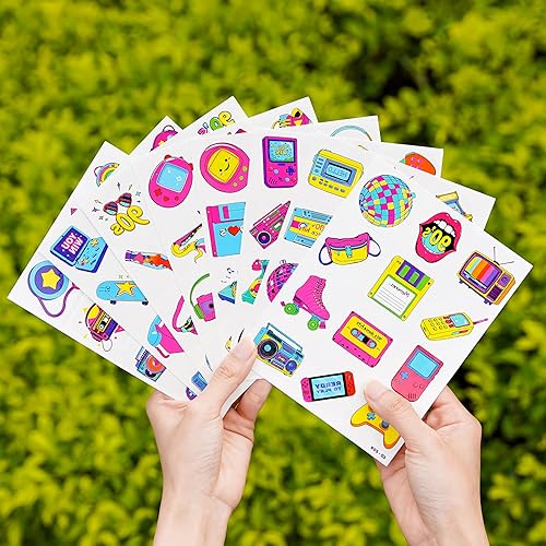 Miniatura 6 de Tatuajes temporales retro de Regreso a los años 90 y 80 para niños, diseños coloridos, 96 piezas, perfectos para fiestas temáticas de cumpleaños,
