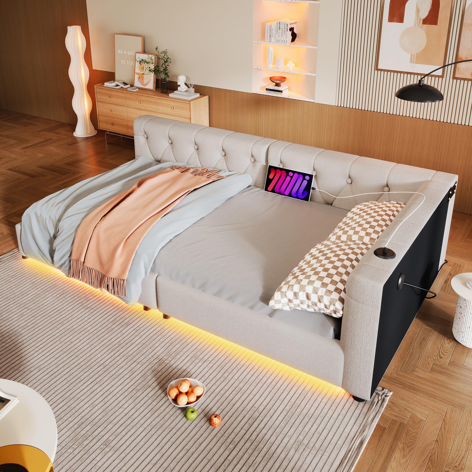 OKMYHOME Łóżko ławkowe 90x200 cm - Pikowane łóżko pojedyncze z portami USB typu C i oświetleniem LED - bez materaca - beżowy