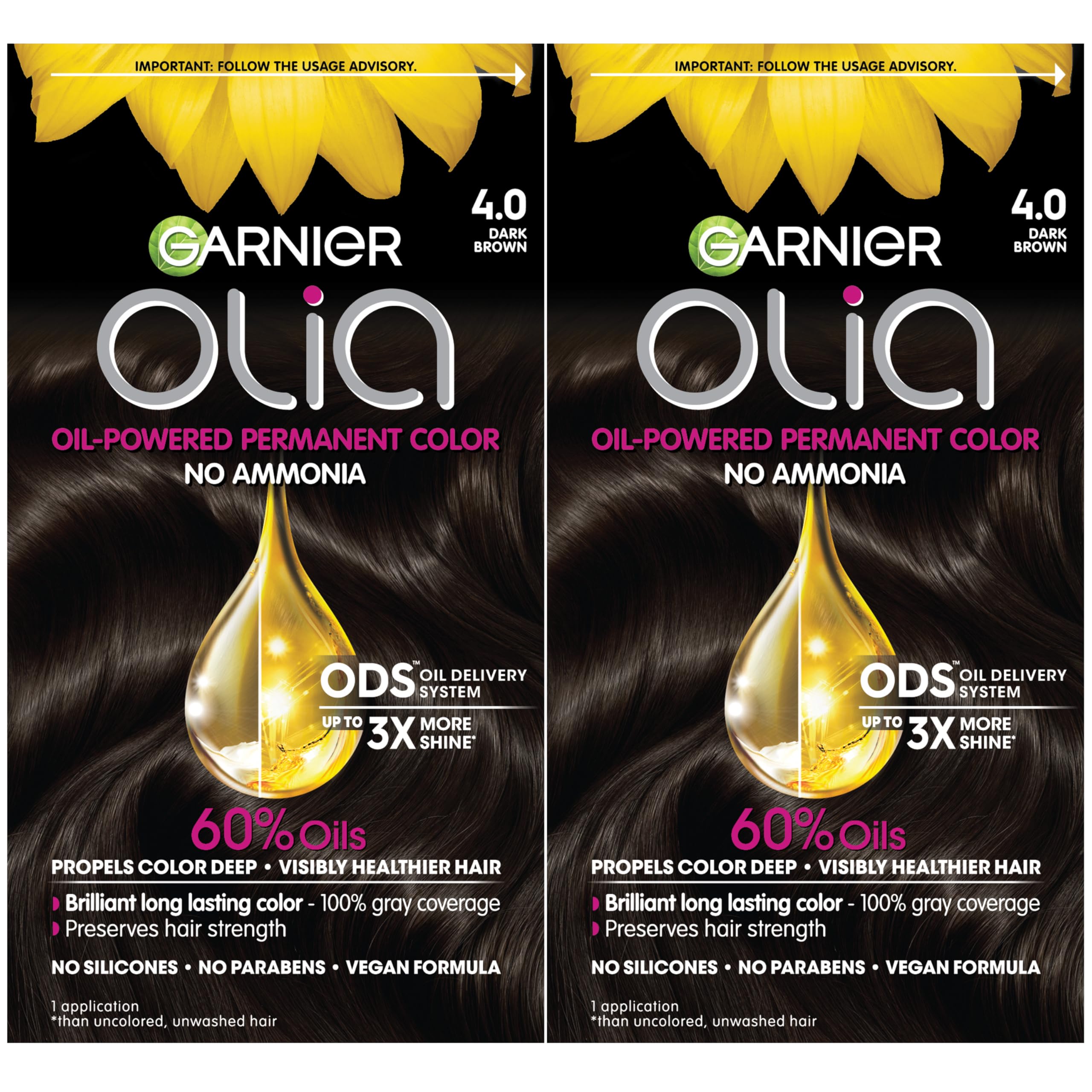 Garnier Olia Hair Color, Ammonia-Free Permanent Hair Dye, Oil-Powered Formula for 100% Gray Coverage and 3x Shinier Hair, Vegan & Cruelty Free, 4.0