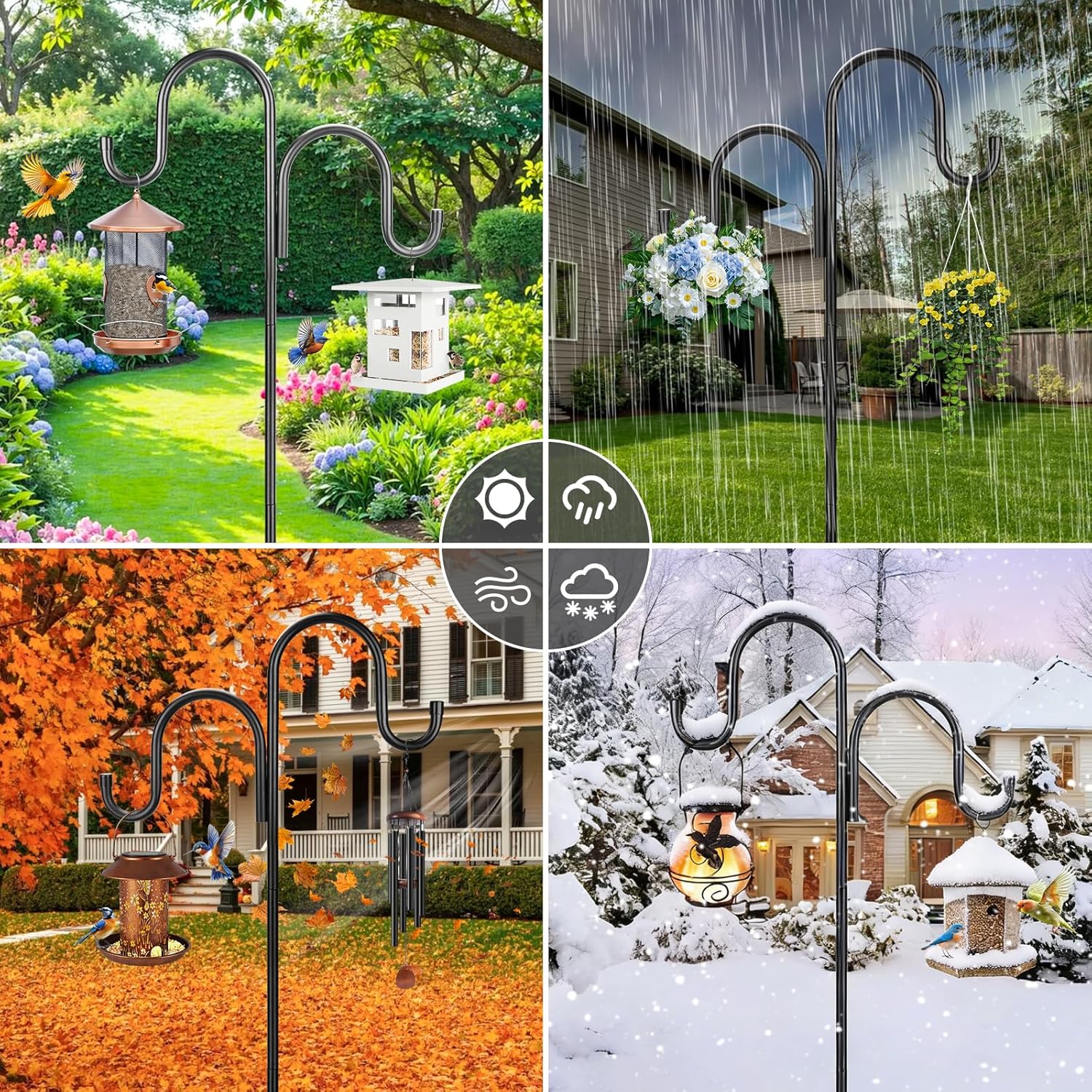 79 Inch Double Shepherds Hooks for Outdoor, Heavy Duty Bird Feeder Pole with 5 Prongs Base for Hanging Lantern, Hummingbird Feeder, Lightweight Plant, Shepherds Hook for Bird Feeders for Outside