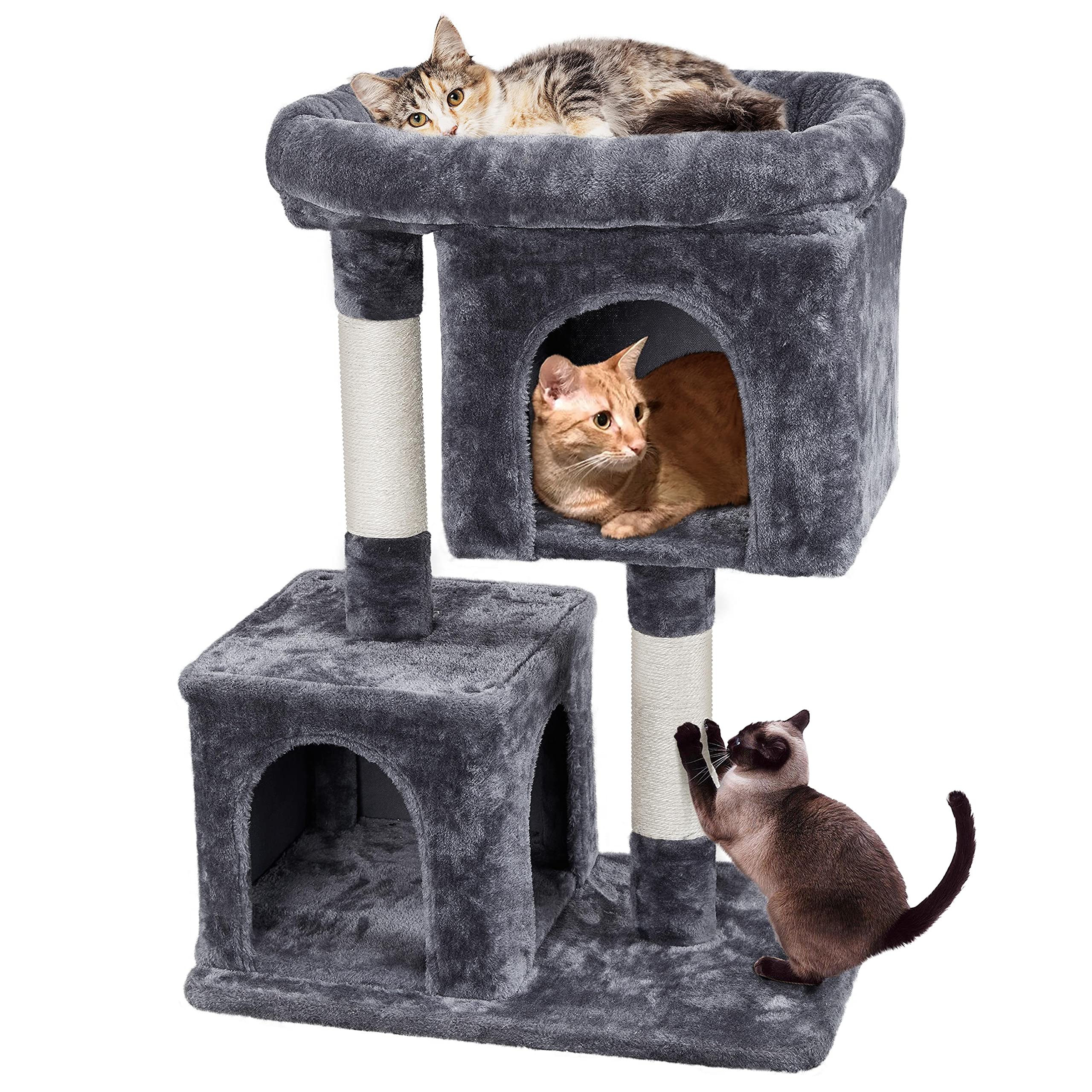 Yaheetech Cat Scratching Post, 33in H Cat Scratcher with Sisal Rope, Cat Furniture w/Large Condos＆Top Perch for Indoor Kitten/Adult Cats, Dark Grey