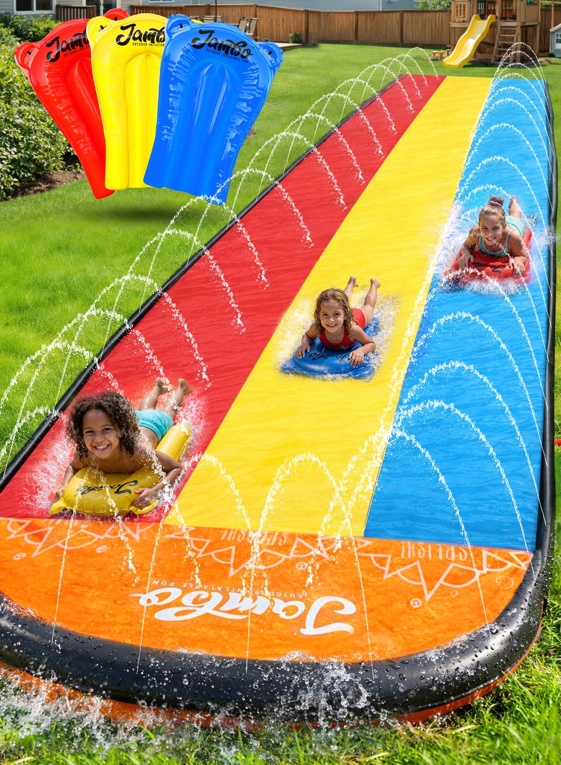 JAMBO Premium Triple Water Slide with 3 Bodyboards, 20Ft Heavy Duty Slip Splash and Slides-Advanced 3-Way Sprinkler System, Splash Pad Mat Backyard Summer Outdoor Water Toys n Long Slides for Kids
