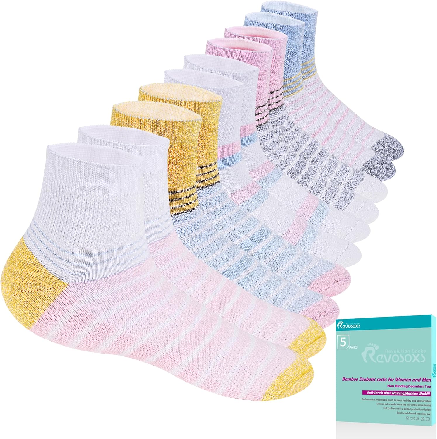 Revosoxs Diabetic Socks for Women Men,5 Pairs Non Binding Diabetic Ankle Wide Stretchy Loose Seamless Socks 7-9 9 11