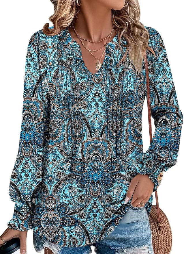 BETTE BOUTIK Long Sleeve Shirts for Women Fall Tops Dressy Blouses Pleated V Neck Tunic Tops for Leggings S-3XL