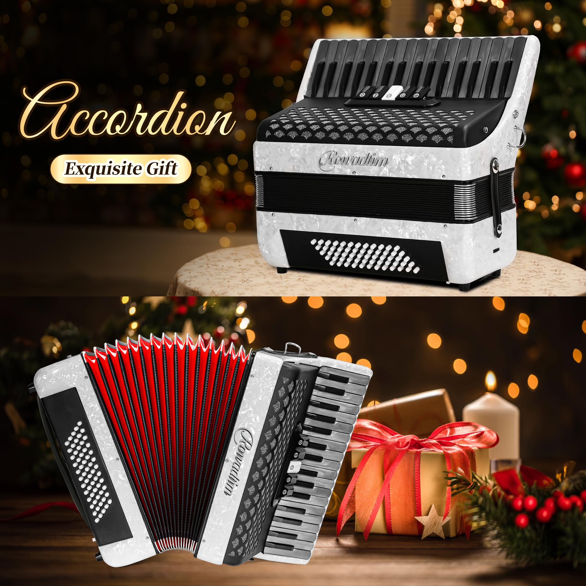 Piano acordeón de 34 teclas y 60 bajos para principiantes, profesores, estudiantes (blanco) | Tono rico; diseño ergonómico; fuelle de piel de cordero; apto para todos los niveles; diseño portátil