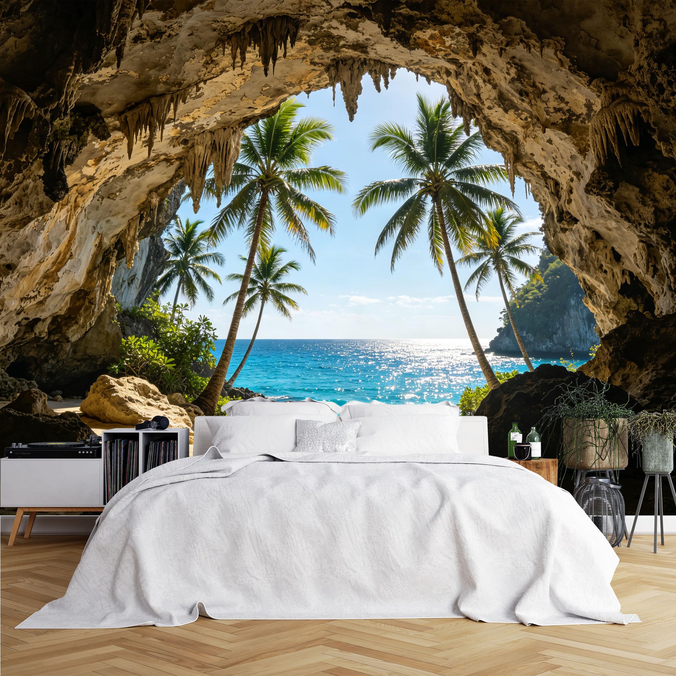 Lcythiazole Ch260615069 Custom Size Wall Murals Cave Opening Coconut Palm Seaside Ocean View Wall Murals Hd Wallpaper Self-Adhesive Removable Wallpaper For Beach Themed Bedroom