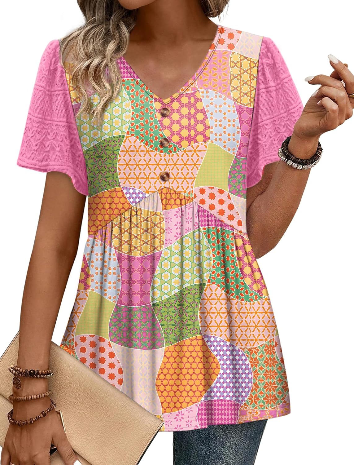 OFEEFAN Womens Summer Tops Babydoll Short Sleeve Shirts Button Down Lace Sleeve Peplum Tunic Tops V Neck T Shirts