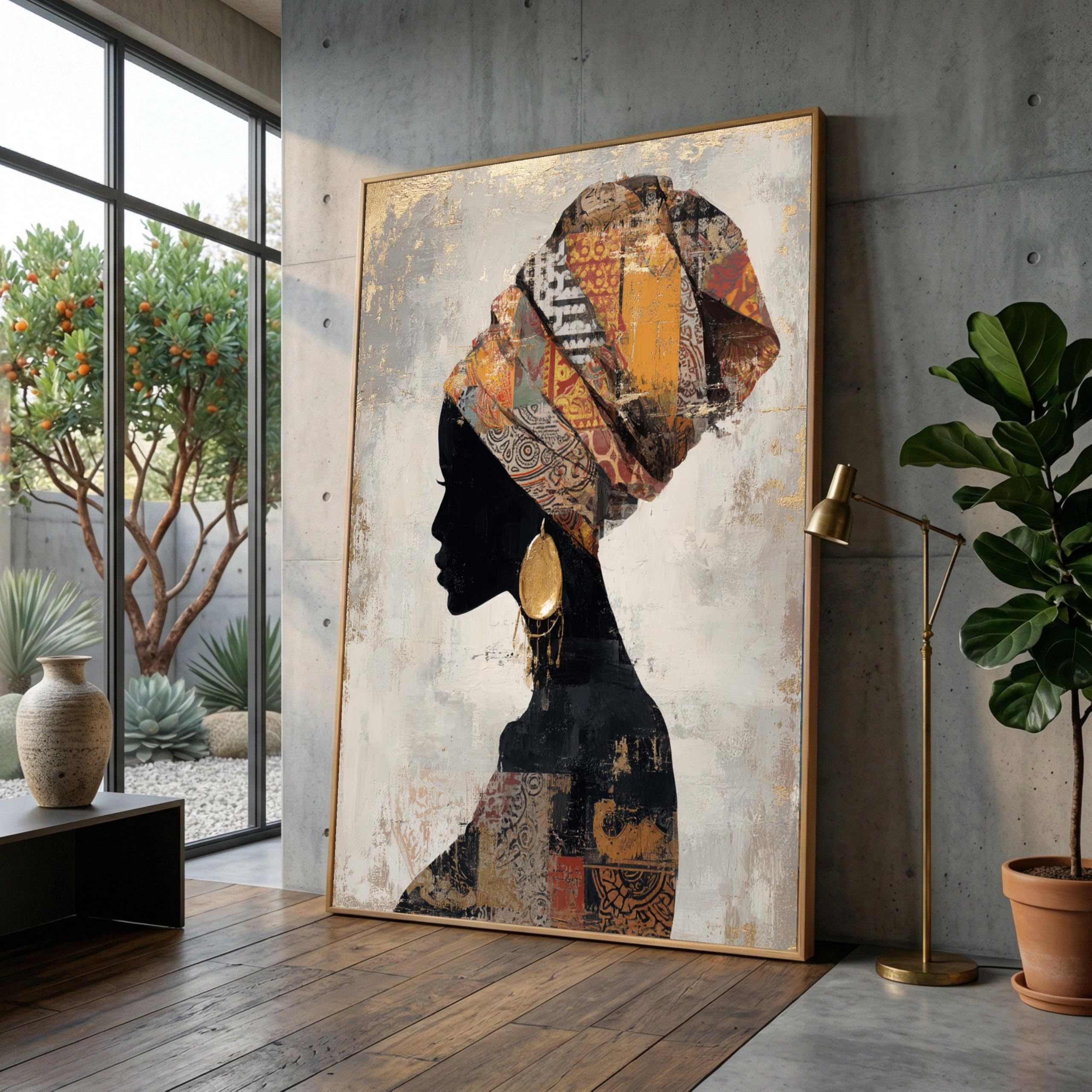 TONGYINLI African Woman Silhouette Oil Painting, Ethnic Wall Art, Tribal Pattern Artwork, Gold Canvas Print, Cultural Home Decor(70x110cm/Frameless)