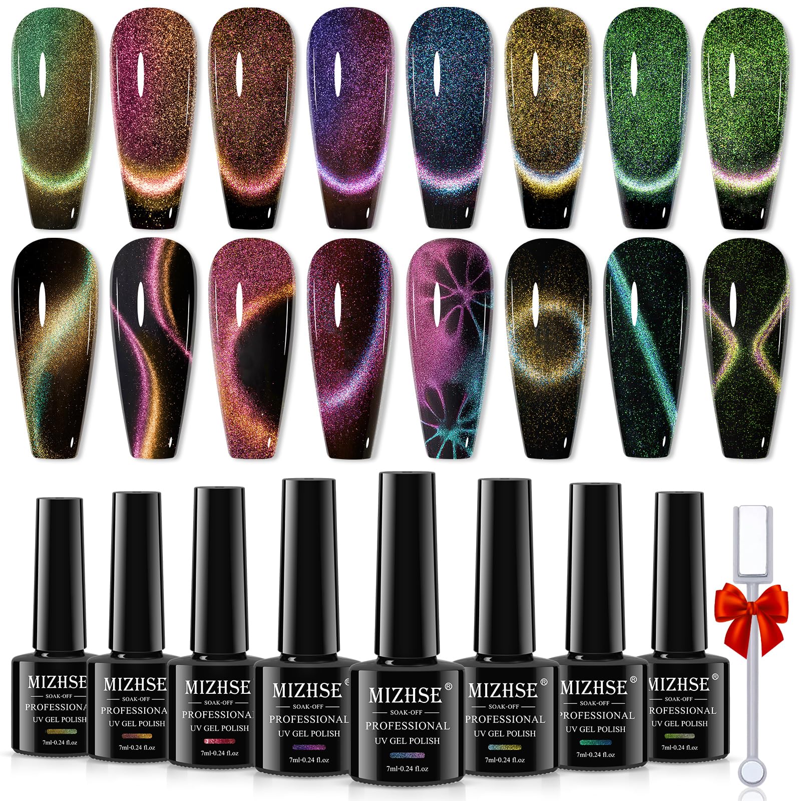 MIZHSE Cat Eye UV Gel, 9D Cateye Gel, 8 Farben UV Nagellack Set mit Magnetstab, Katzenauge Effekt Nagellack Set für 9D Glue Nail Art, Nageldesign Zuhause und im Salon 7ml 8er Pack