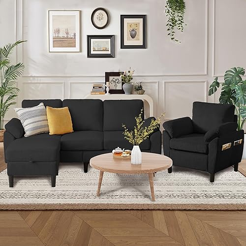 Miniatura 11 de Juego de sofá de pana de 3 piezas para sala de estar con sofá, otomana de almacenamiento y silla individual Gris oscuro,Beige,Negro,Verde,Gris