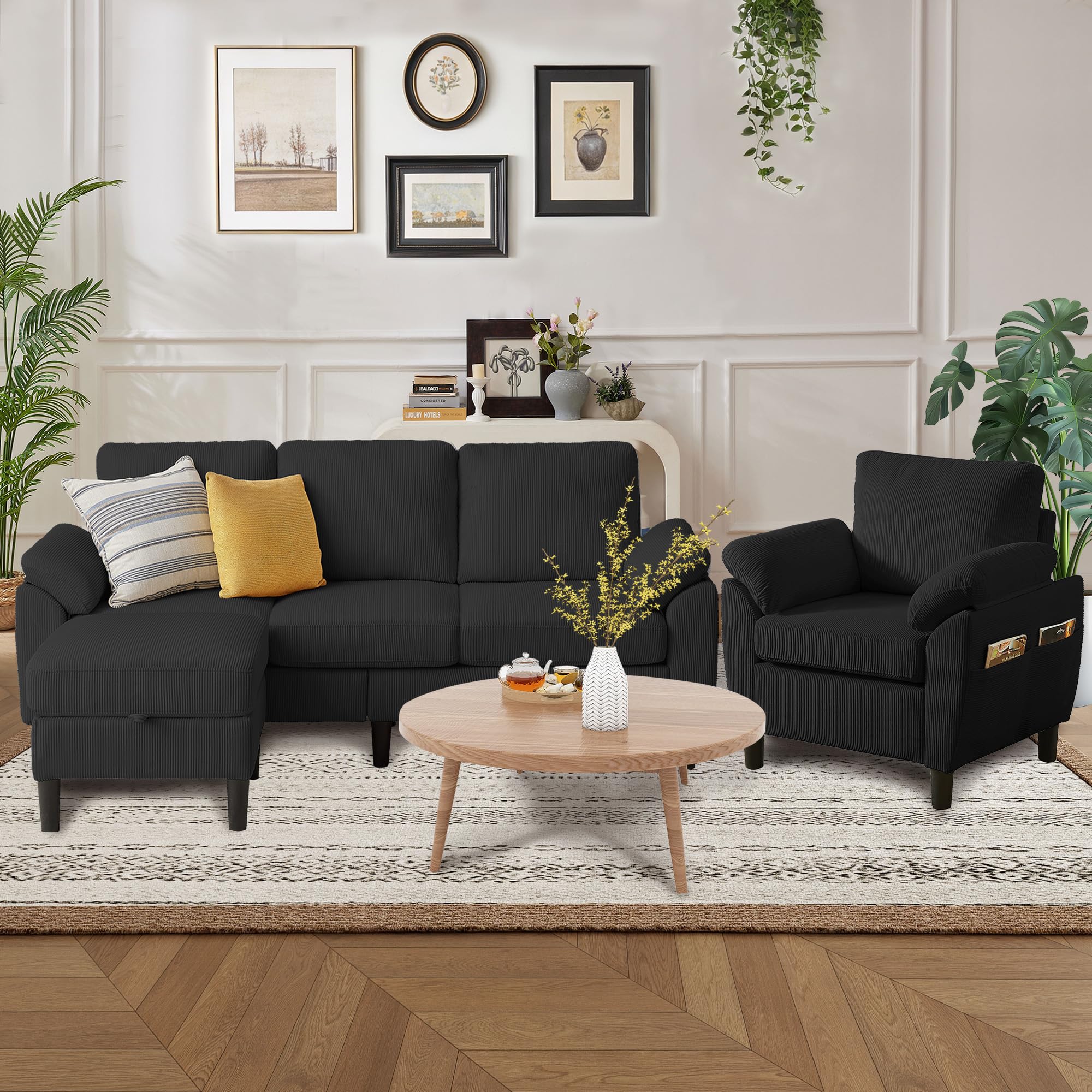 3 Pieces Corduroy Sofa Set for Living Room with Sofa, Storage Ottoman and Single Chair