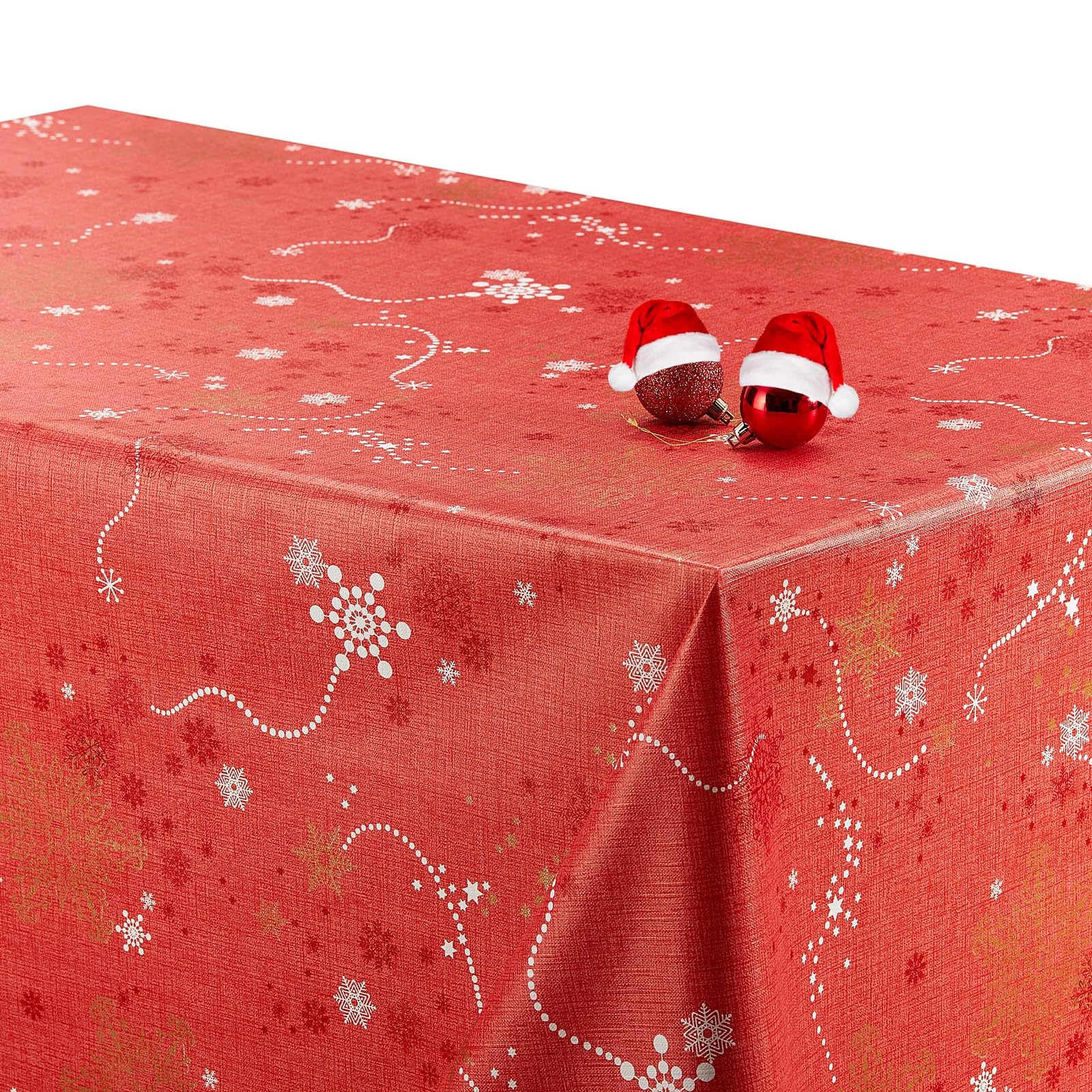 Kp Home Red-Gold Christmas Red Pvc Table Cloth Wipe Clean Tablecloth Rectangular 300X140 Cm | 118.11 X 55.12 Waterproof And Wipeable Plastic Table Cover Large Xmas Vinyl Oilcloth With Snowflakes 10 Seats