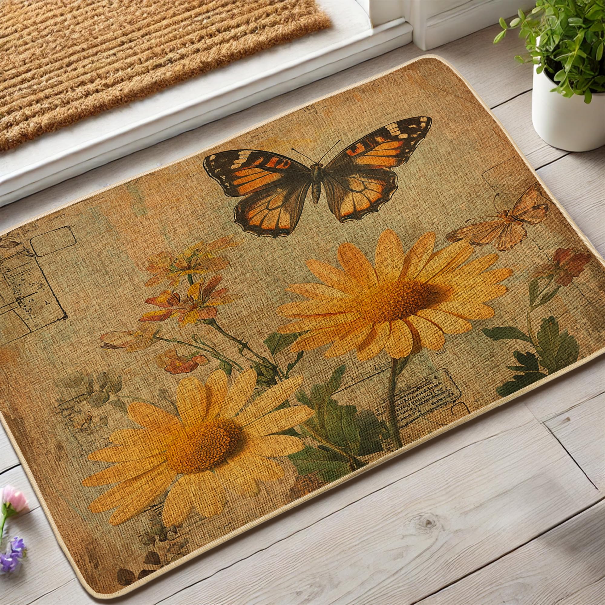Floral Butterfly Doormat, Yellow Sunflowers & Monarch Butterflies for Indoor Outdoor Decor, Vintage Rustic Waterproof Rubber Non-Slip Dust Absorbent