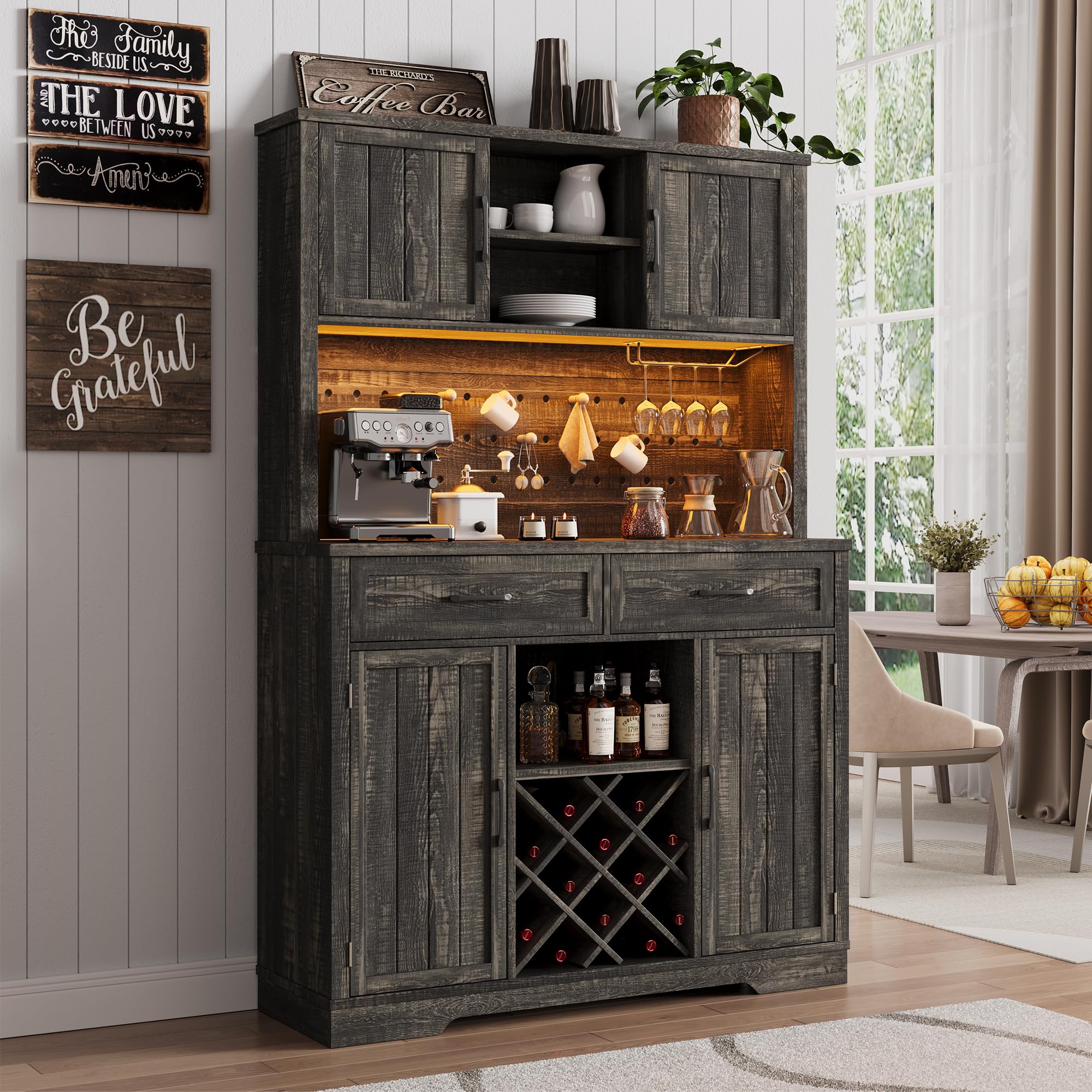 72" Coffee Bar Cabinet with Power Outlet & LED Light, Farmhouse Large Kitchen Hutch with Sliding Barn Door, Tall Bar Cabinets with Storage Drawers & Wine Glass Rack,Pantry China Cabinet,Black Oak