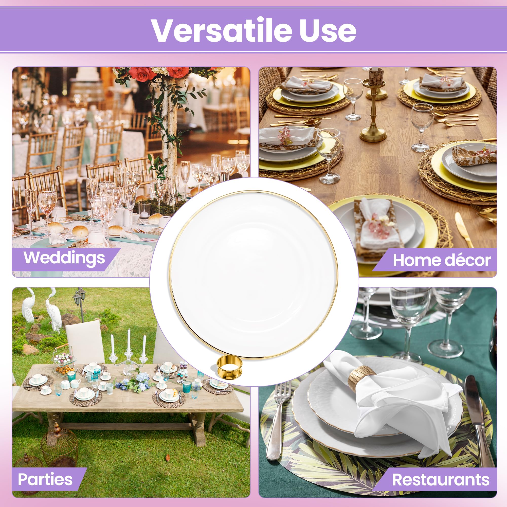 Set di 50 eleganti sottopiatti in acrilico da 33 cm con bordo dorato e 50 portatovaglioli martellati, decorazione per tavolo da pranzo per matrimoni, feste ed eventi speciali, 100 pezzi