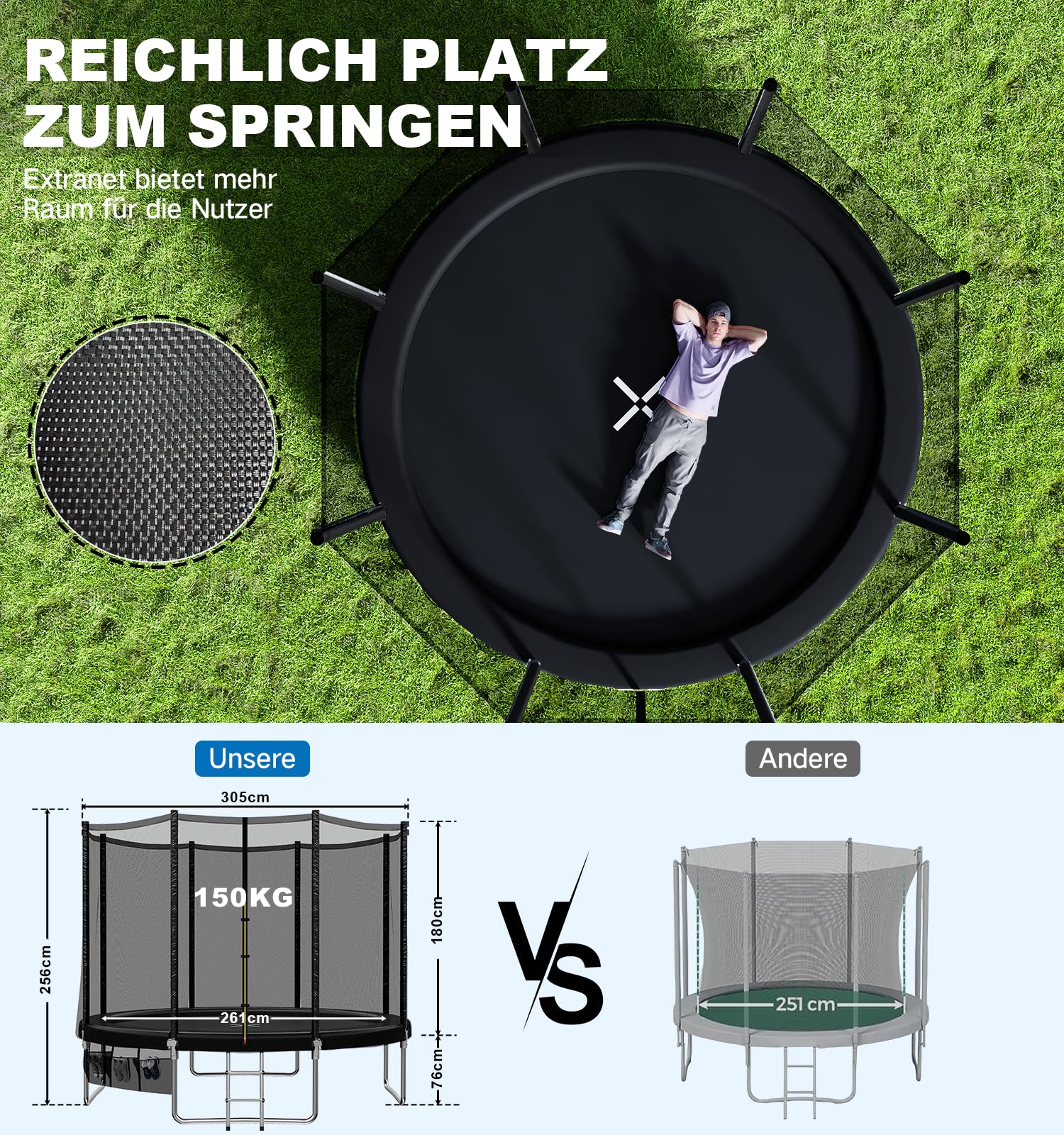 Devoko Trampolina Ogrodowa dla Dzieci Ø 183/228/305/366/427 cm, Zestaw z Siatką Bezpieczeństwa, Drabinką, Pokrowcem i Siatką na Buty | Mata Elastyczna 150 kg | TÜV