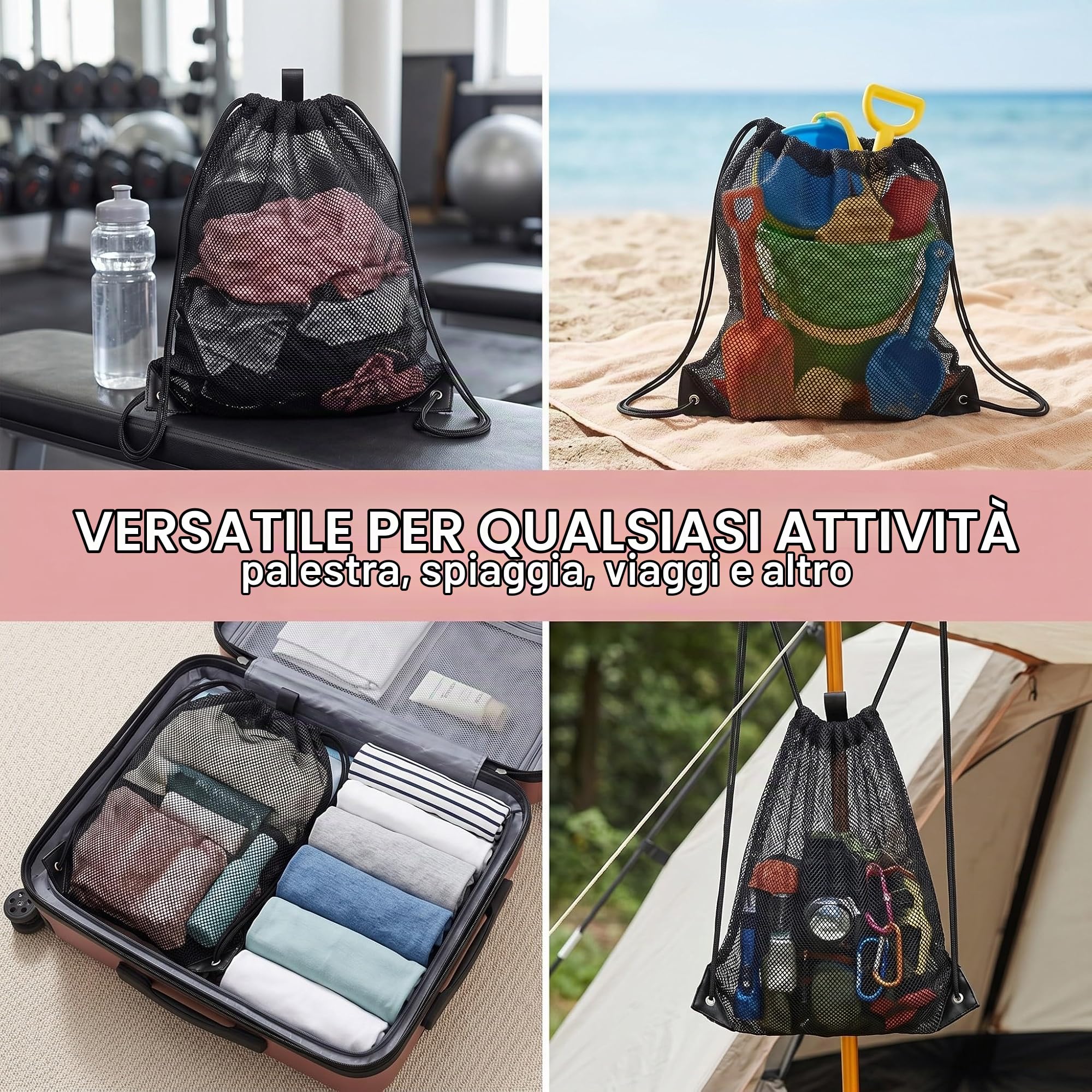Sacca rete con cordino, zaino arena nuoto, borsa a maglie traspirante e capiente per sport, spiaggia, viaggi, adatto a nuoto, calcio, palestra