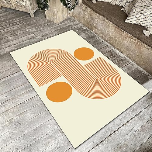 Miniatura 4 de Orange Groovy - Alfombra lavable a máquina retro años 70S, estilo bohemio de mediados de siglo, pelo bajo, no desprende pelusa, alfombras plegables