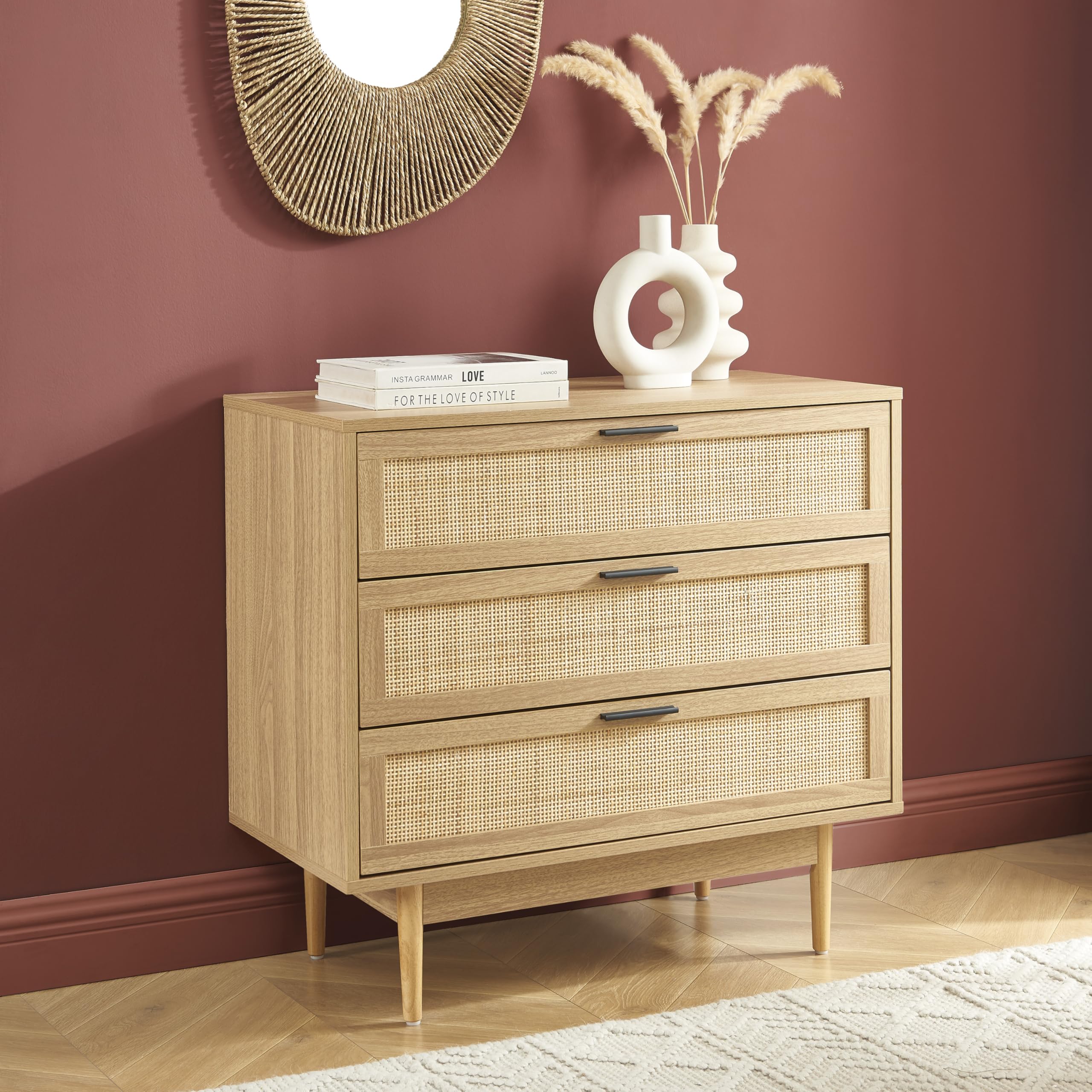 BAÏTA Commode Amana Effet chêne et cannage rotin 3 tiroirs 80cm