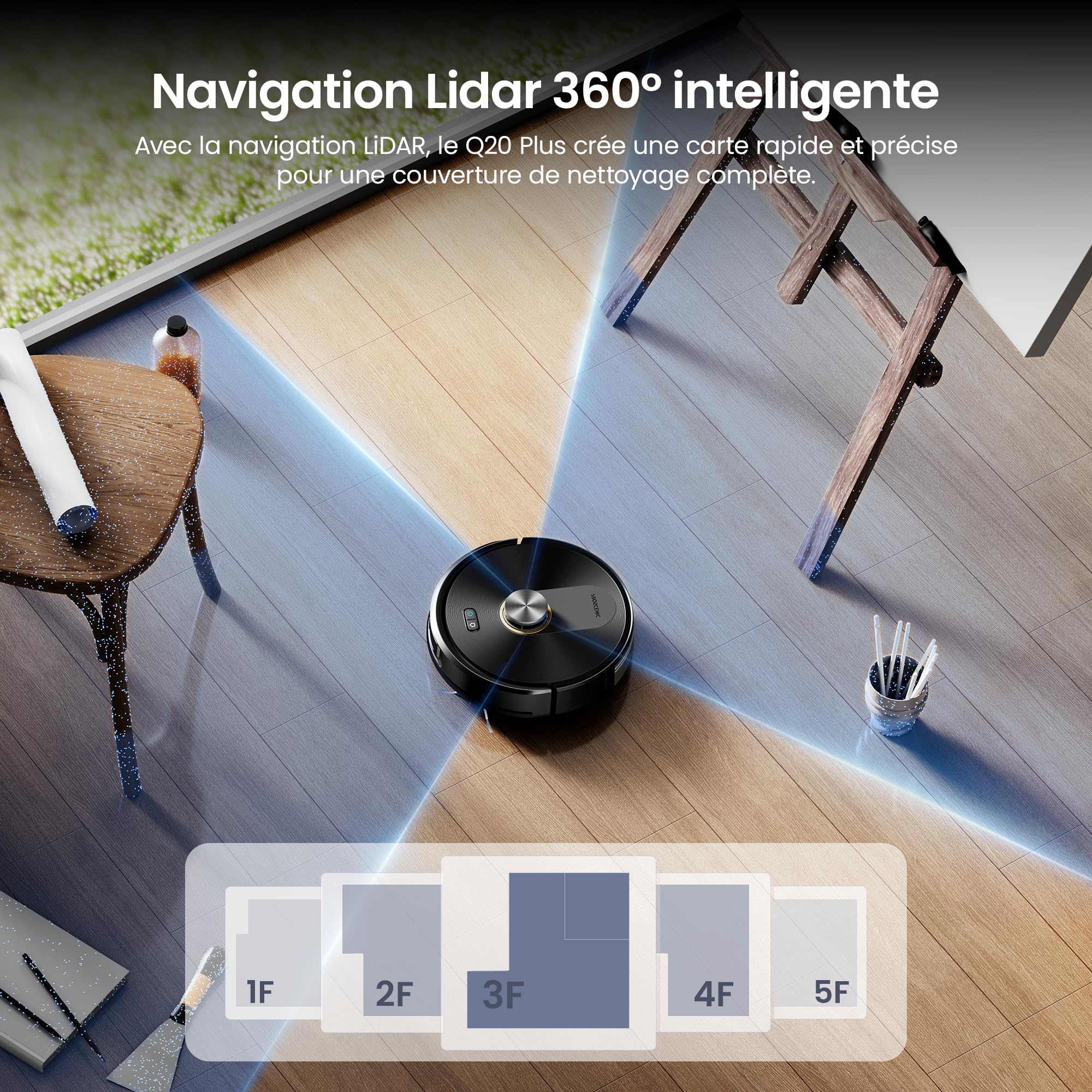 Proscenic Q20 Plus Robot Aspirateur Laveur 10000Pa avec Station Sans Sac Vidage Automatique,200Min Aspirateur Robot et Serpillière,Nav Lidar Cartographie,Évitement d'obstacles,Pour Poils Animaux Tapis