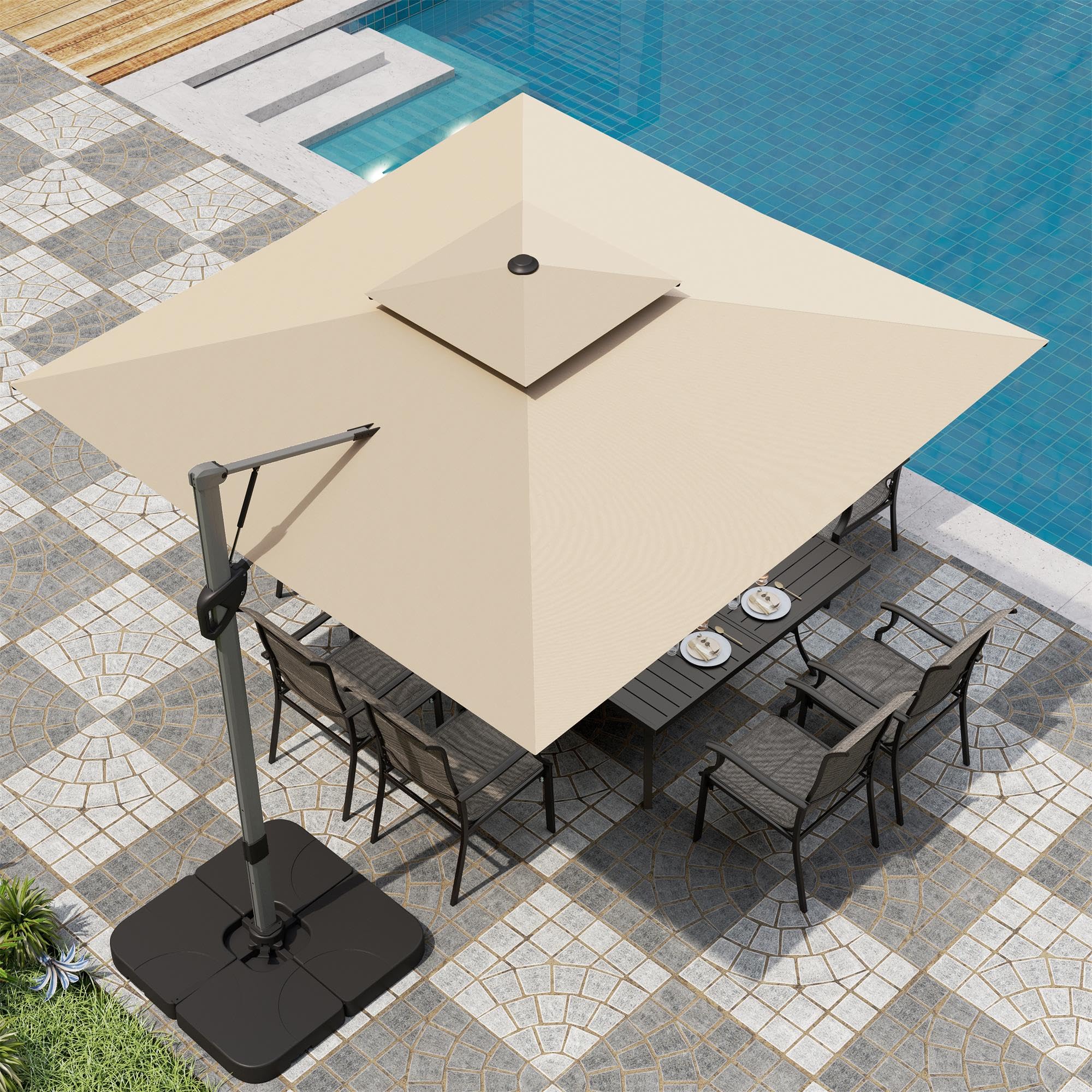 PHI VILLA Cantilever Patio Umbrella with Base, Outdoor 10ft Large Square Umbrellas with 360°Rotation, Heavy Duty Hydraulic Double Umbrella Windproof for Outside, Pool, Deck, Garden, Porch, Beige