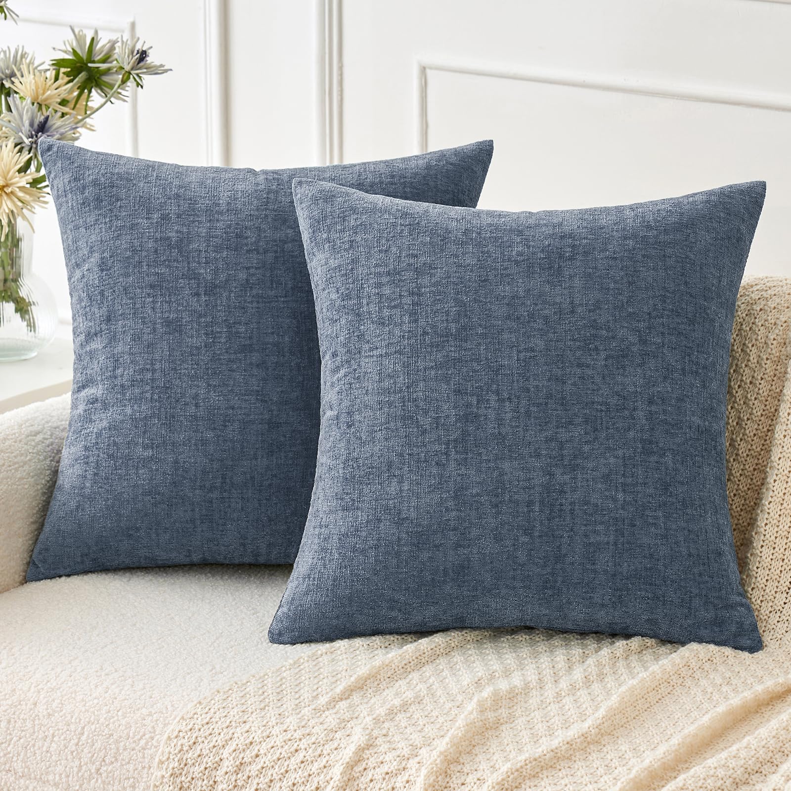Coastal Blue-Grey Chenille Pillow Covers Set of 2