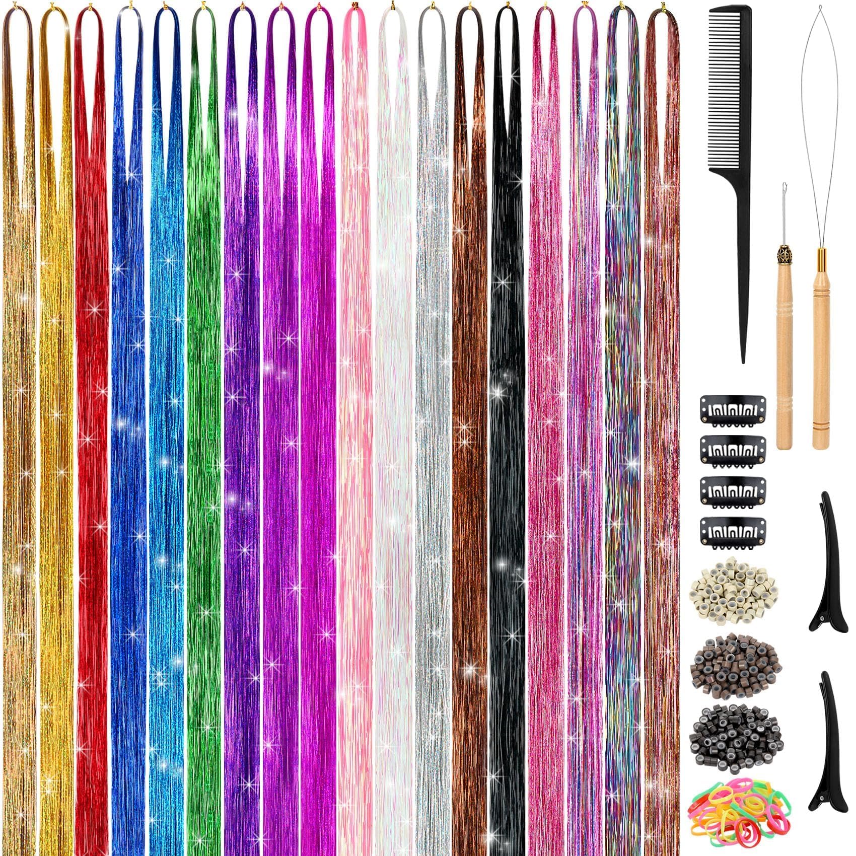 Hair Tinsel Kit (48 Inch, 18 Colors, 4320 strands), Tinsel Hair Extensions with Tools， Heat Resistant Fairy Hair Tinsel Kit for Women Girls Hair Accessories