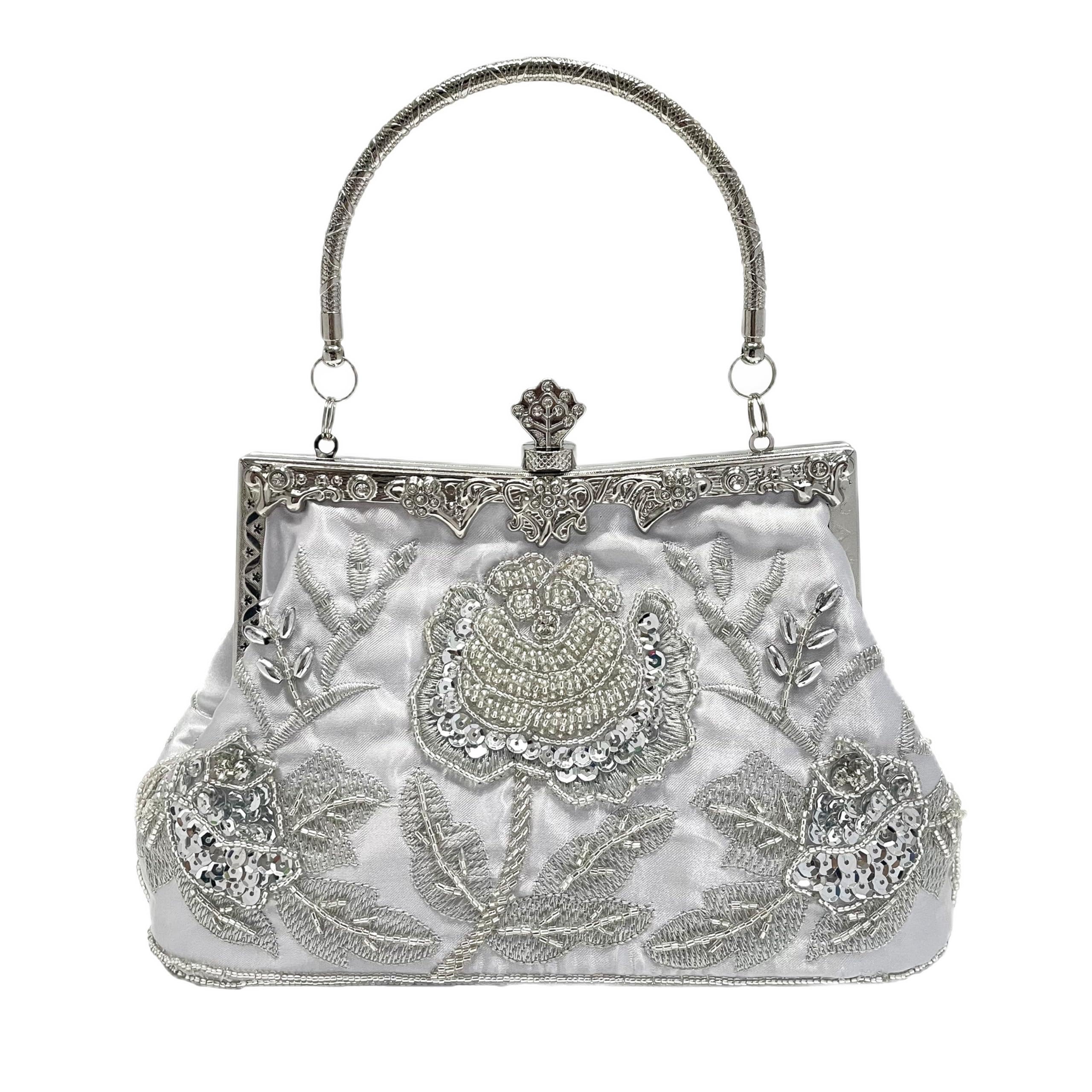 Borsa da sera vintage con perline ricamate con rose, elegante pochette con manico per matrimoni, feste ed eventi formali