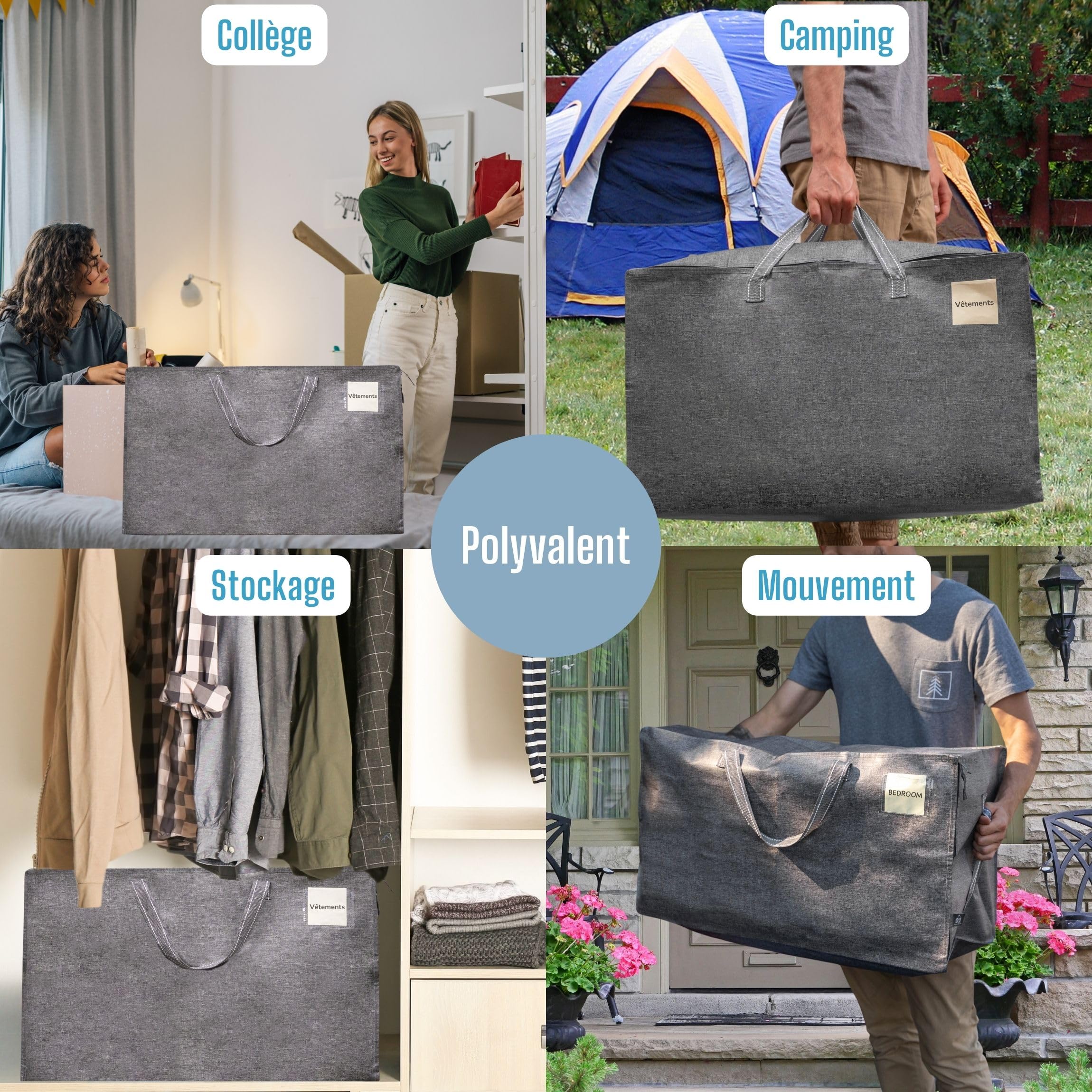 VENO Lot de 4 Grands Sac de Rangement avec Couvercle et Poignées Renforcées, Cartons Déménagement de 102 L Résistant pour Rangement des Vêtements et voyages, Sac à Linge (Gris, Lot De 4)