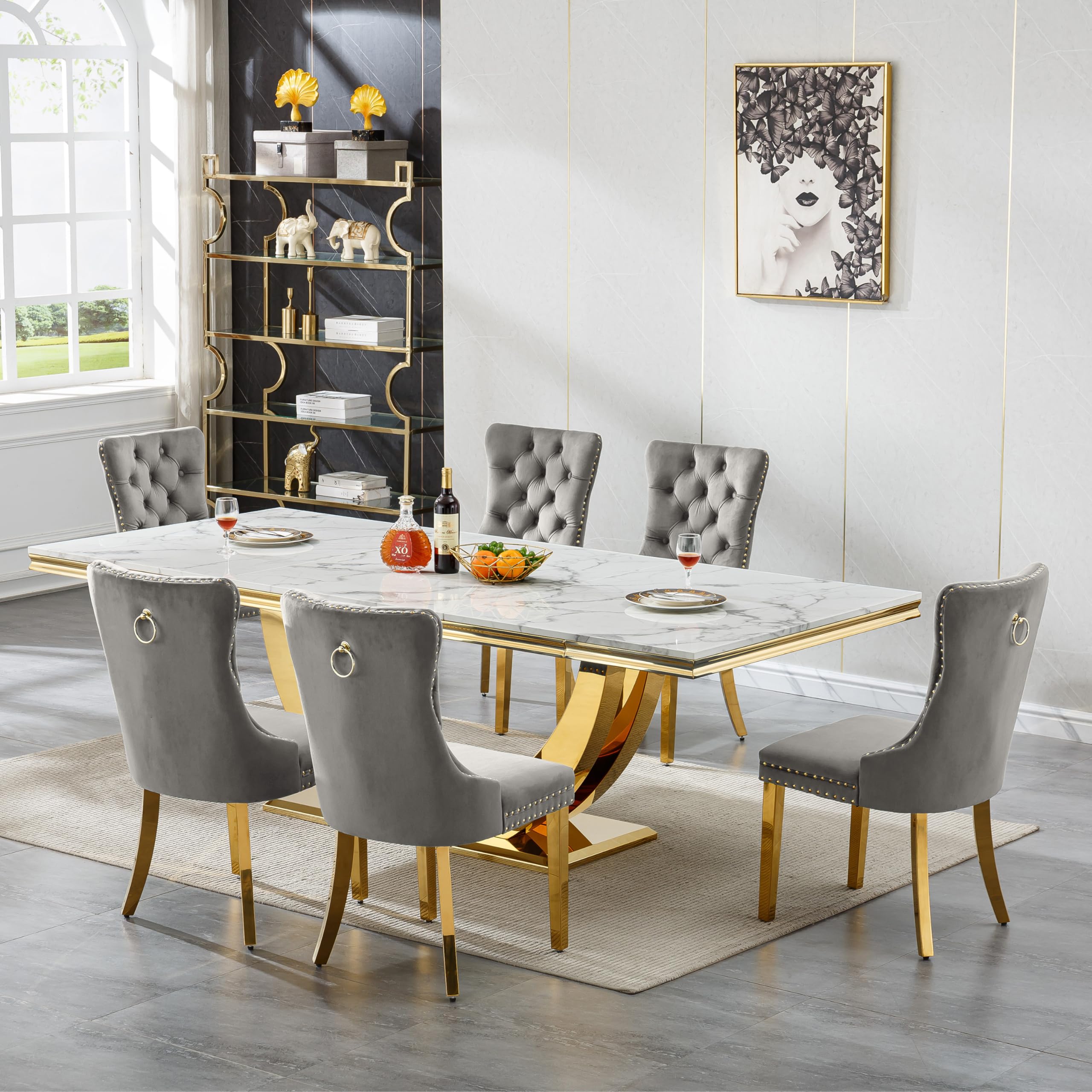 94.5" Large Marble Dining Table Set for 6, Luxury White Gold Kitchen Table with 6 Grey Velvet Dining Chairs, Modern Fuax Marble 7-Piece Dining Room Table Set for 6 w/Stainless Steel U-Base