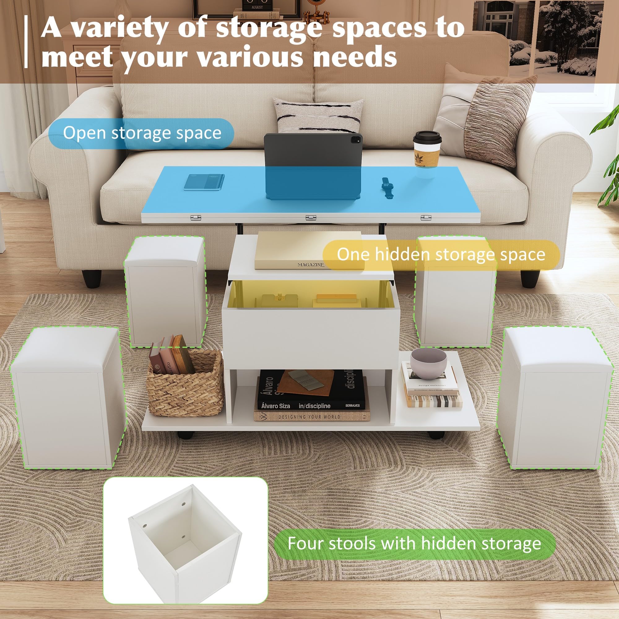 Mesa de Centro Elevable con Escritorio Elevable y 4 Taburetes Blandos, Mesa Central de Café con Tablero y Almacenamiento para salón, Mesa de Comedor Extensible, 100x100x64.5 cm, Blanco B