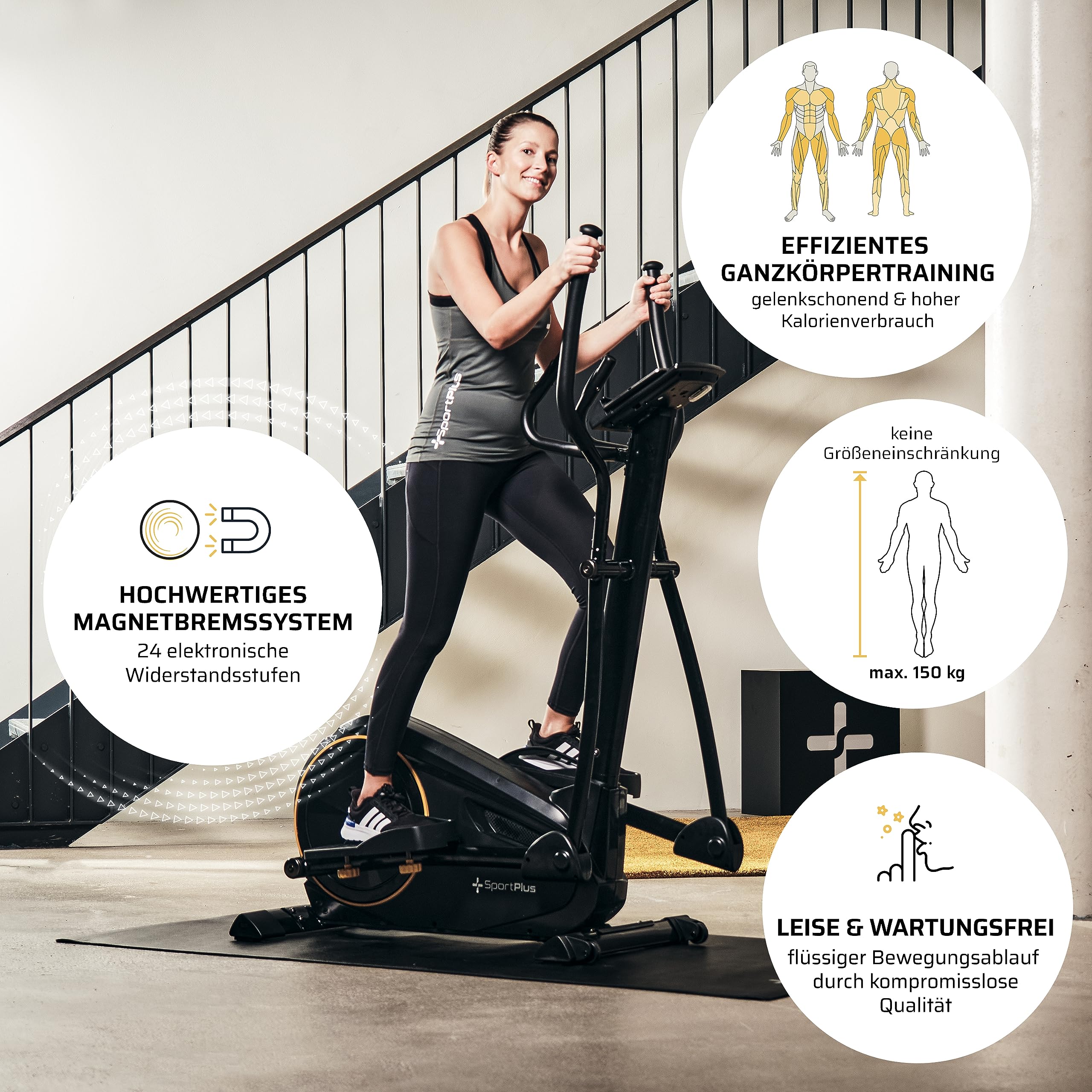 SportPlus Crosstrainer für zuhause - leiser Ellipsentrainer mit Magnetwiderstand und Trainingscomputer - platzsparend & gelenkschonend mit 24 Widerstandsstufen - Heimtrainer bis 150 kg belastbar