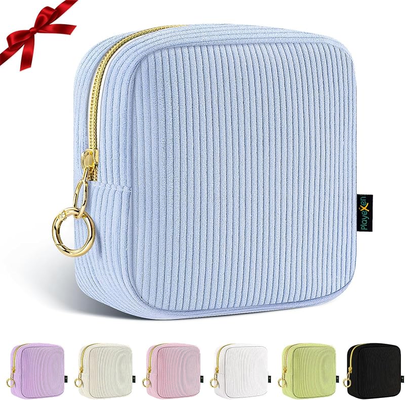 Necessaire pequena de maquiagem Playexen em veludo cotelê, azul, com zíper, fivela de argola e 2 compartimentos internos