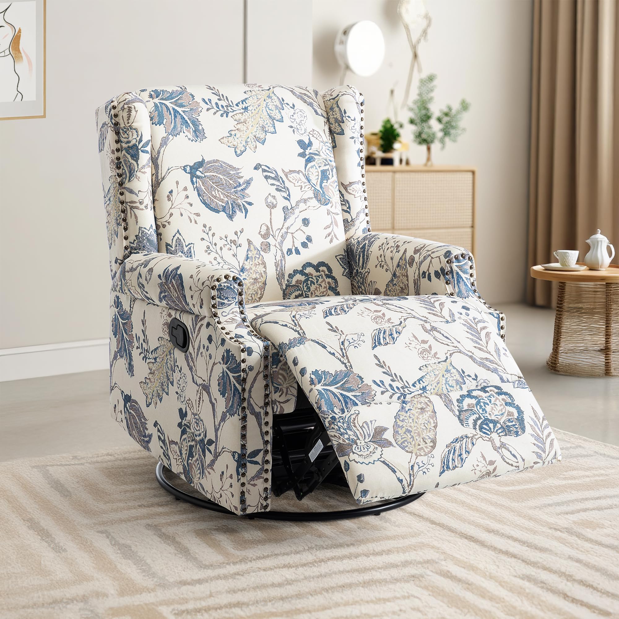 Wingback Swivel Rocker Recliner Chair, Floral Glider Chair, Plants Blue
