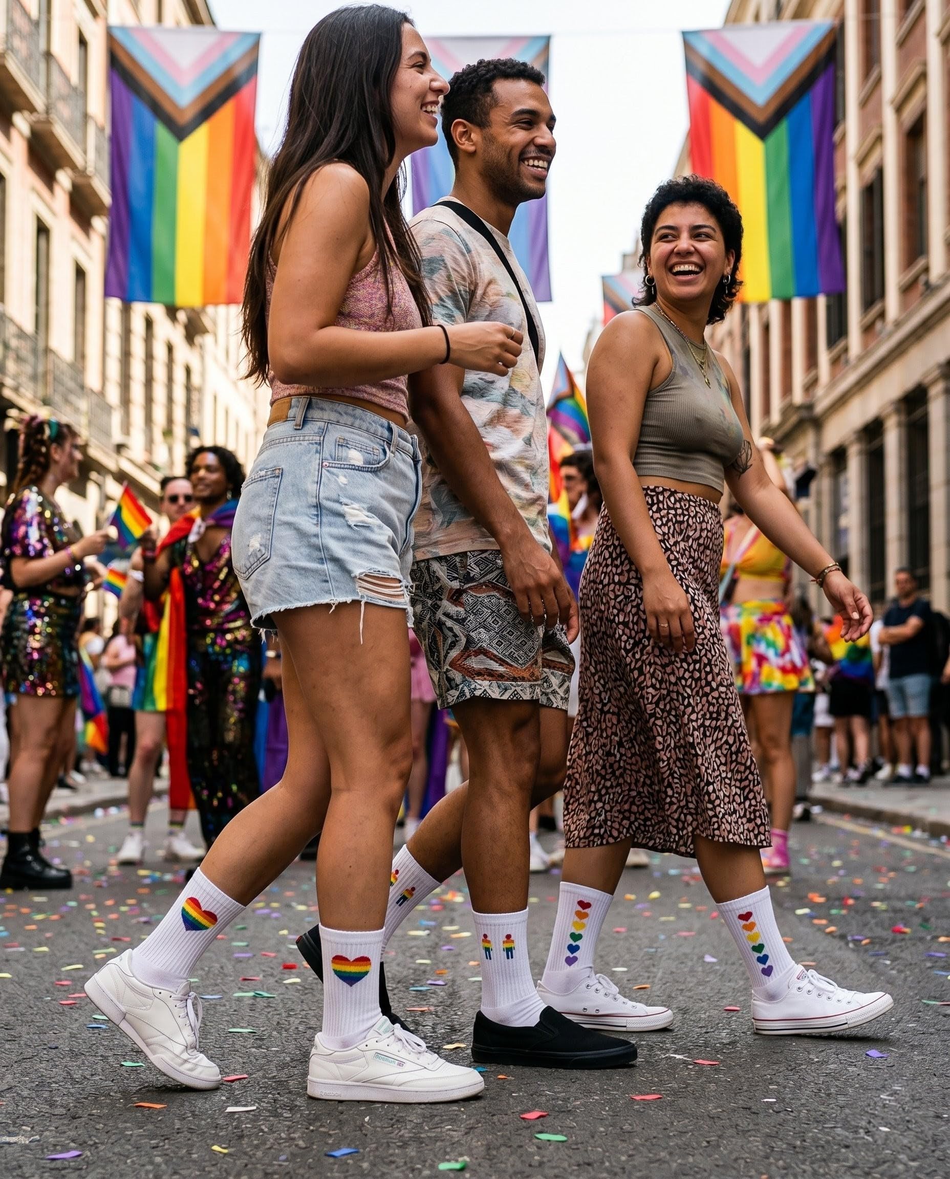 Lot de 3 Chaussettes Pride en Coffret Cadeau - Chaussettes de Sport Blanches Coton Unisexe avec Motifs Arc-en-ciel LGBTQ+ - Accessoires Marche des Fiertés Homme et Femme - Fabriqué en Espagne