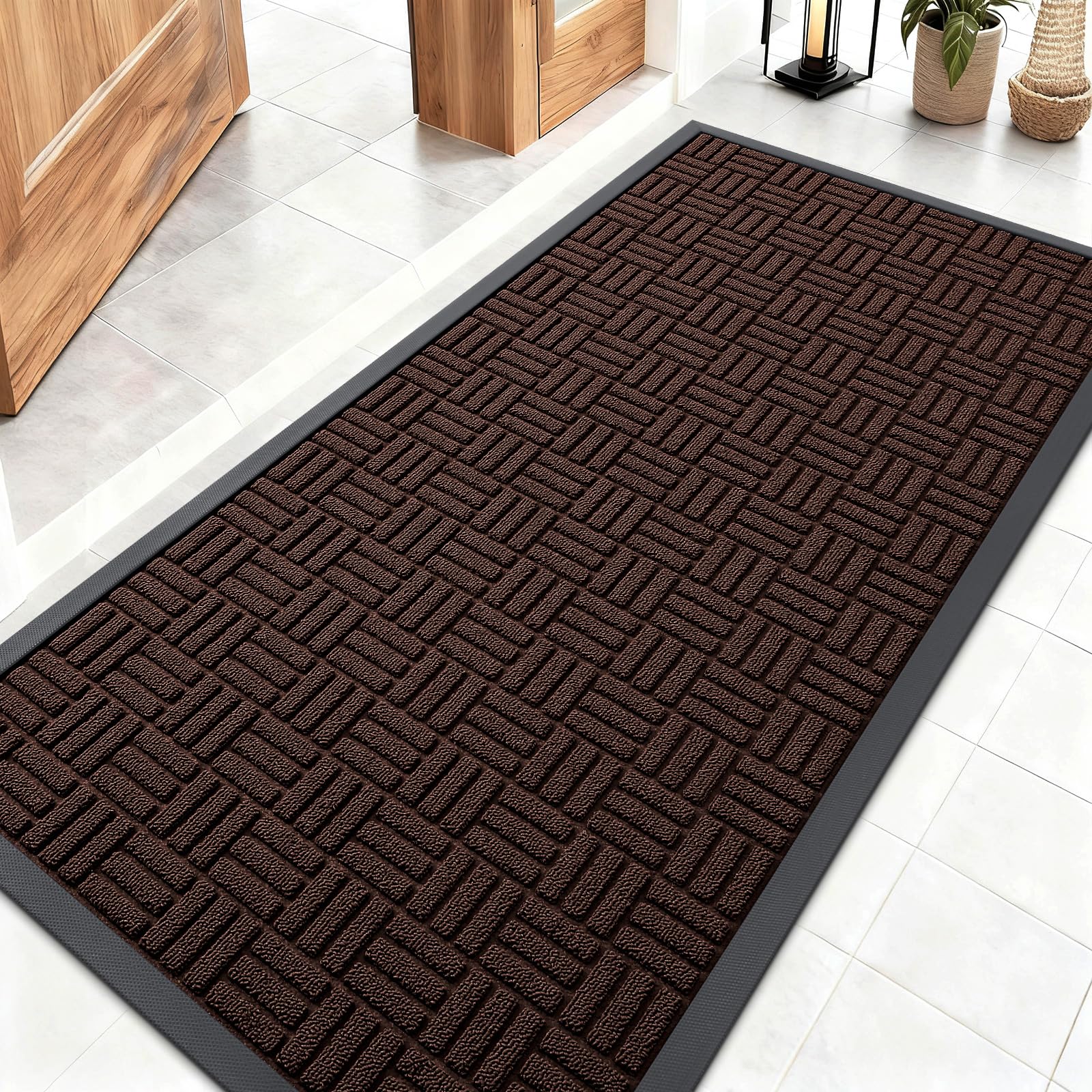 OLANLY Front Door Mat Outside Entrance 47x23, Absorbent, Heavy Duty Sturdy Natural Rubber Doormat Indoor Outdoor, Stain and Fade Resistant, Non-Slip Backing Low Profile Floor Mat for Entryway, Brown