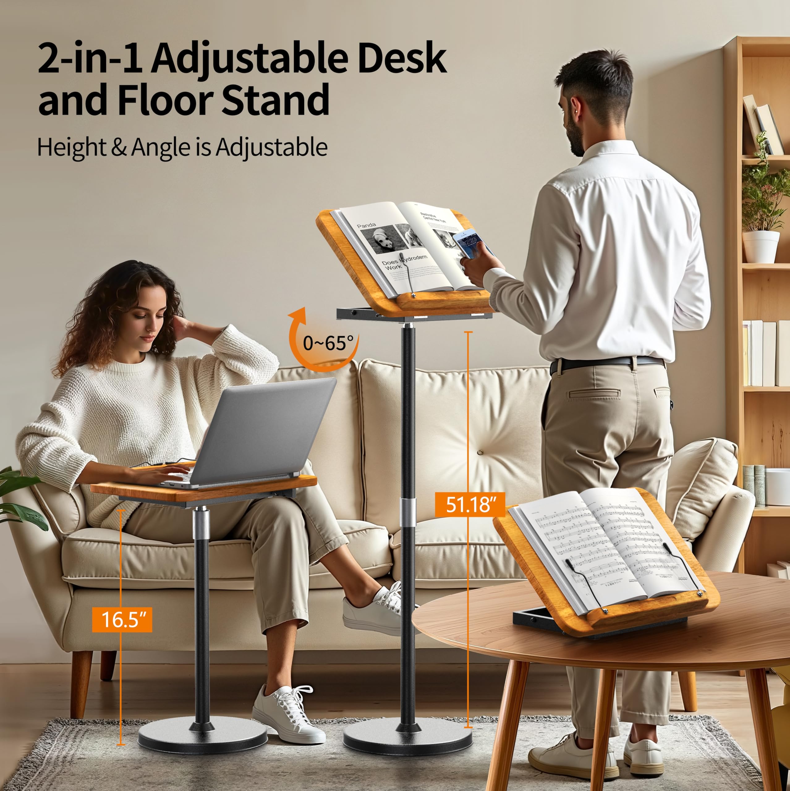 NAMON Support au sol 2 en 1 pour ordinateur portable - Hauteur réglable de 41,9 cm à 129,5 cm - Petite table en bois pour ordinateur portable - Parfait pour la maison, le bureau, la salle de réunion